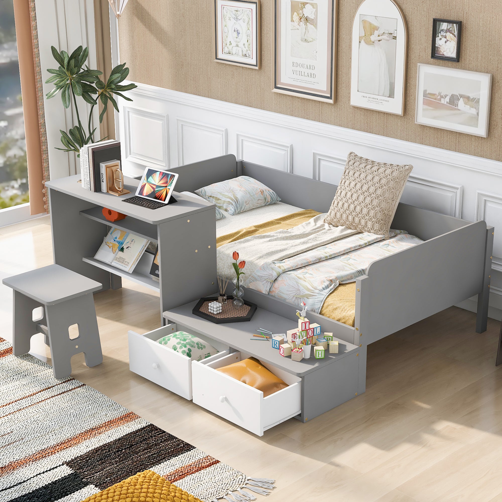 Wood Twin Size Platform Bed with 2 Drawers and 1 Chair&Desk Set, Gray+White - Atlantic Fine Furniture Melbourne FL