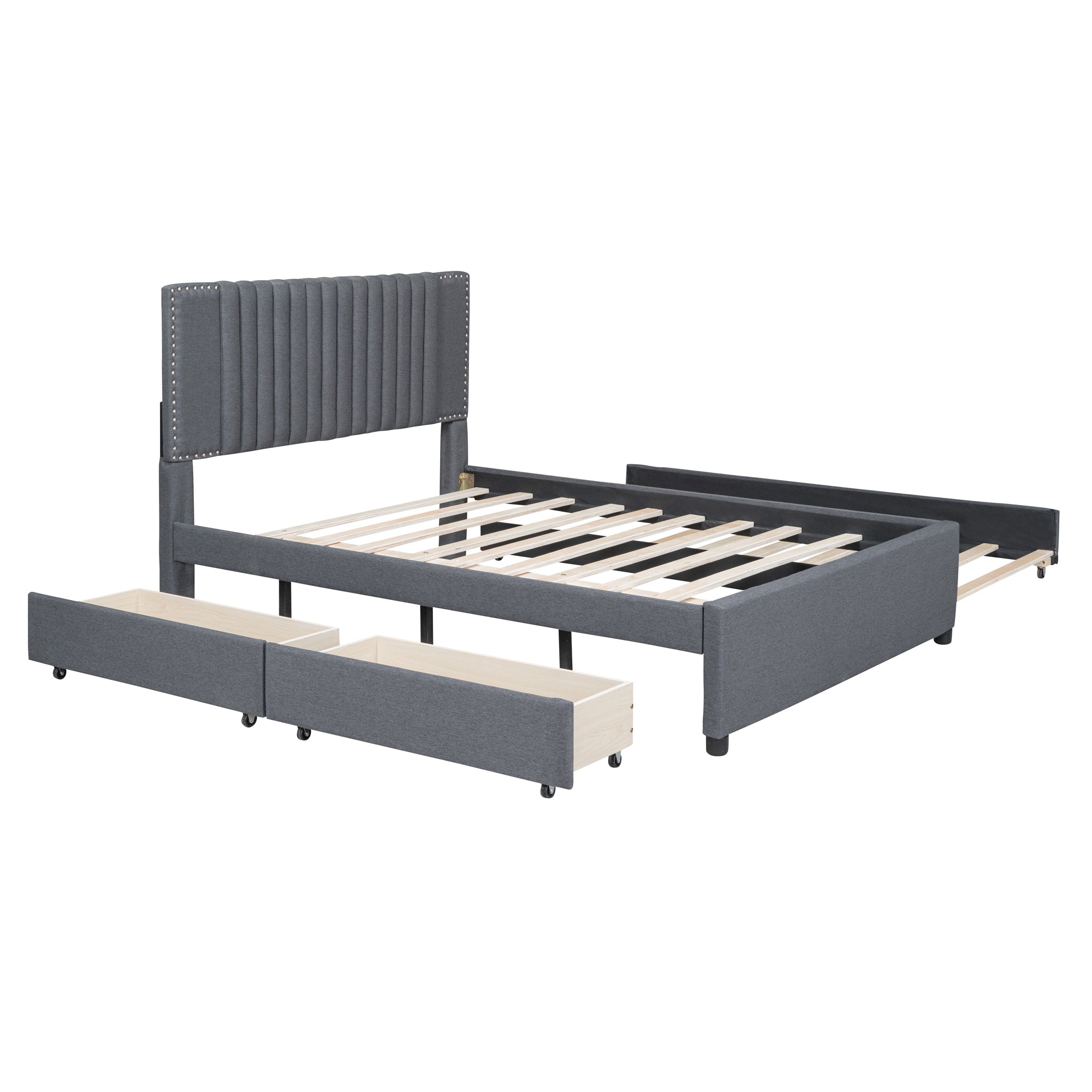 Full Size Upholstered Platform Bed with 2 Drawers and 1 Twin Size Trundle, Classic Headboard Design, Gray - Atlantic Fine Furniture Melbourne FL