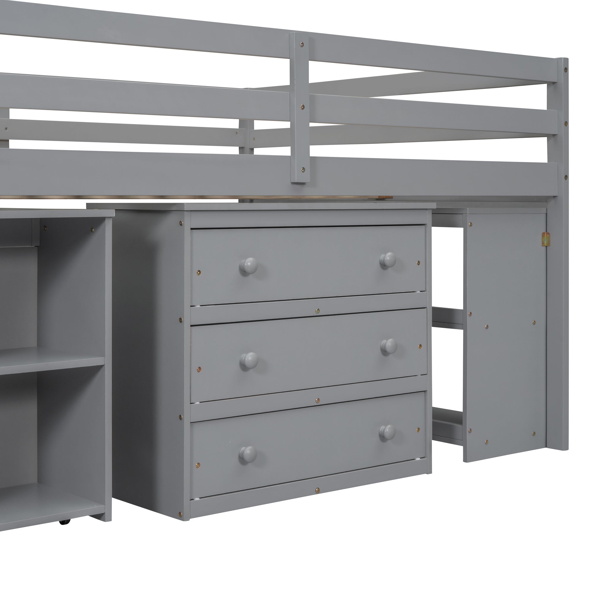 Full Size Loft Bed with Retractable Writing Desk and 3 Drawers, Wooden Loft Bed with Storage Stairs and Shelves, Gray - Atlantic Fine Furniture Melbourne FL