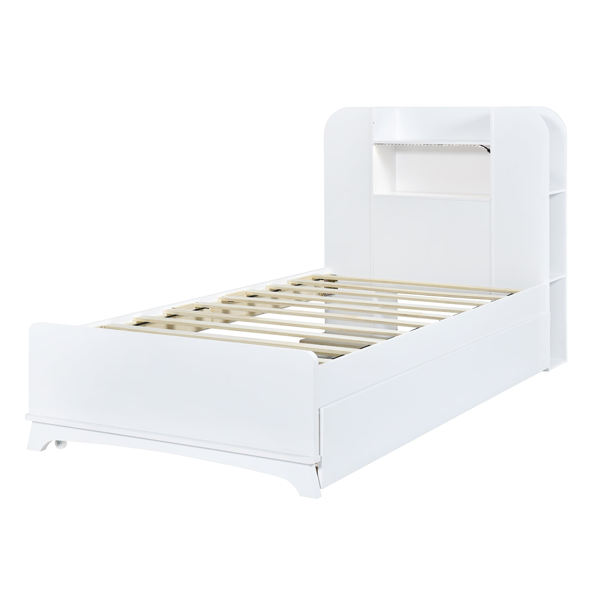 Twin Size Storage Platform Bed Frame with with Trundle and Light Strip Design in Headboard,White - Atlantic Fine Furniture Melbourne FL