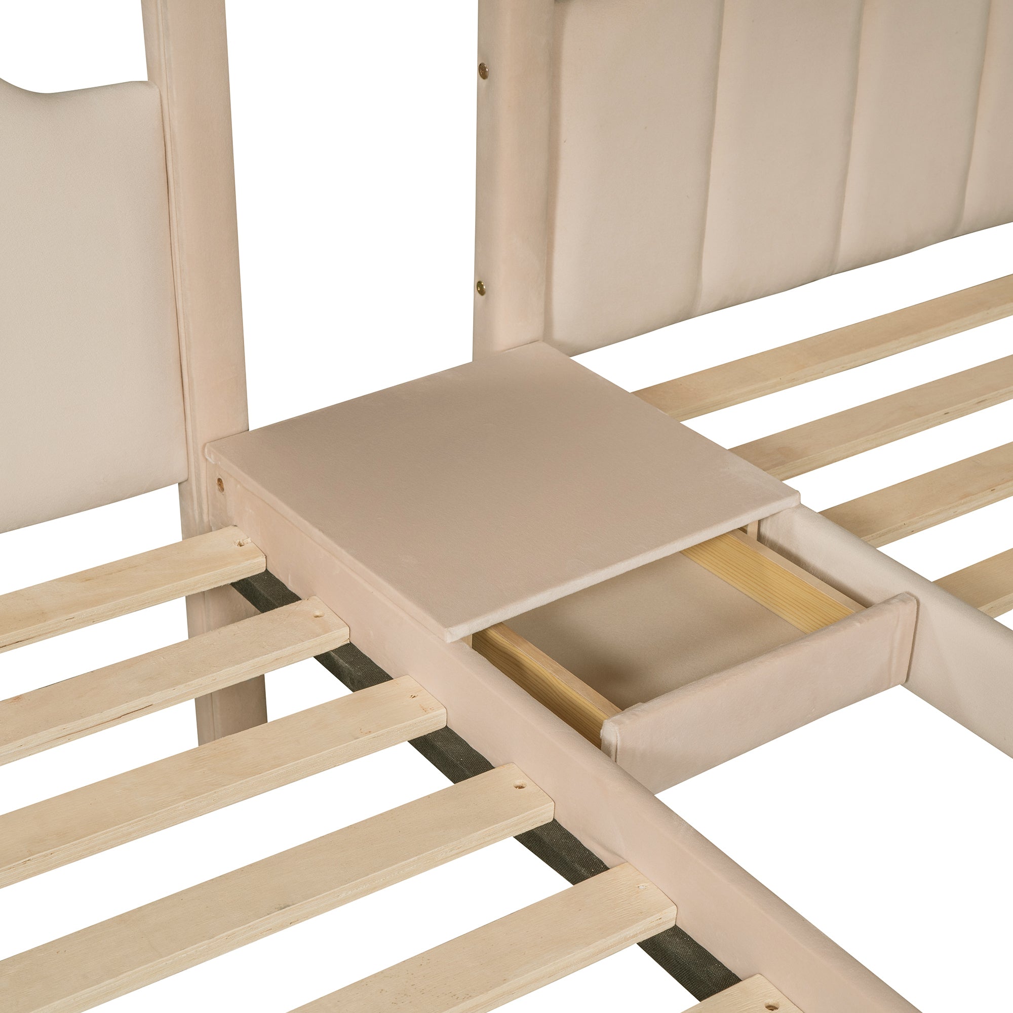 Full Over Twin & Twin Bunk Bed, Velvet Triple Bunk Bed with Drawers and Guardrails, Beige - Atlantic Fine Furniture Melbourne FL