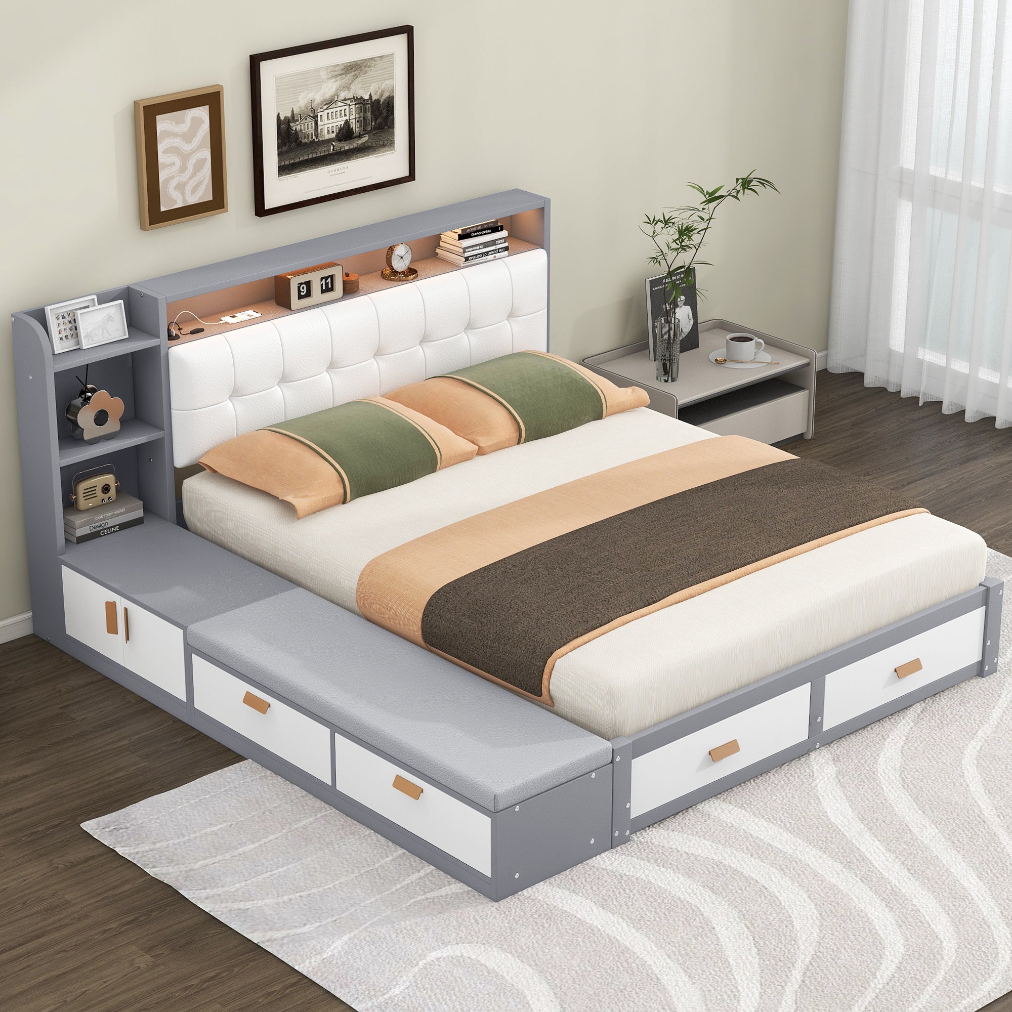 Queen Size Low Profile Platform Bed Frame with Upholstery Headboard and Storage Shelves and Drawers,USB Charging Design,Gray - Atlantic Fine Furniture Melbourne FL