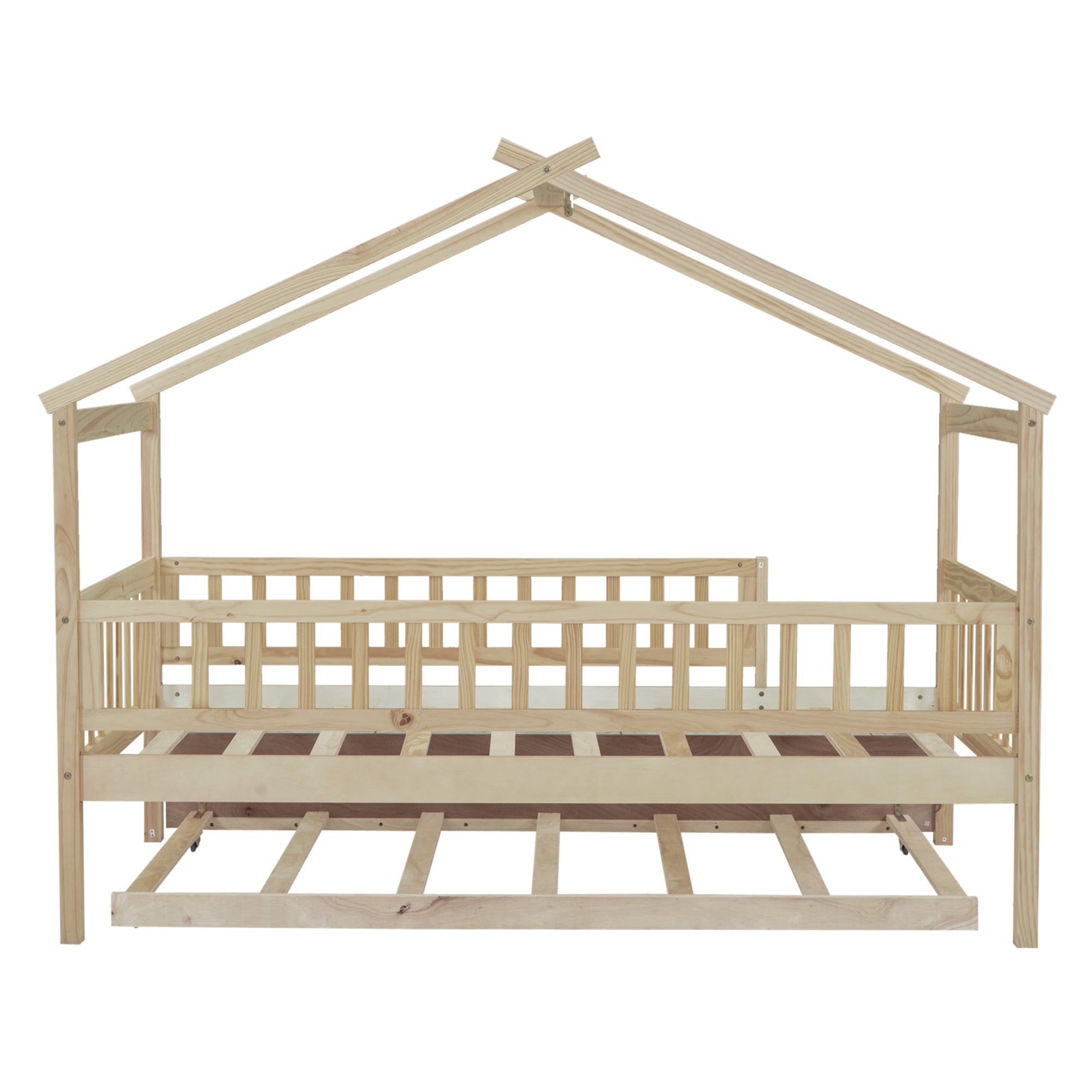 Twin Size Wooden House Bed with Twin Size Trundle, Natural - Atlantic Fine Furniture Melbourne FL