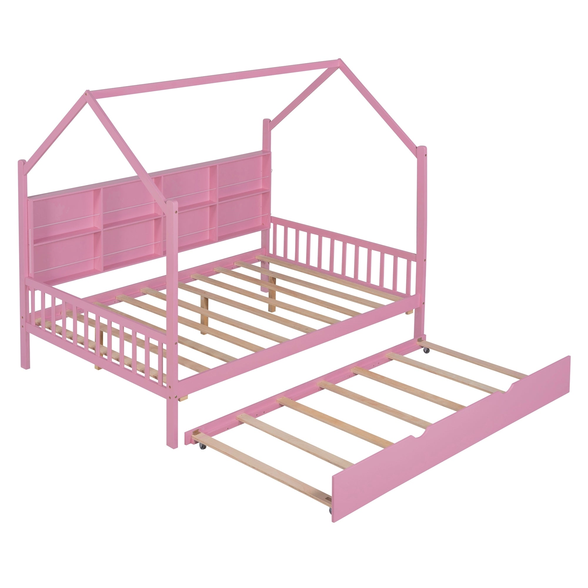 Wooden Full Size House Bed with Trundle,Kids Bed with Shelf,Pink - Atlantic Fine Furniture Melbourne FL