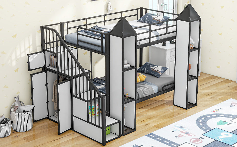 Metal Twin over Twin Castle-shaped Bunk Bed with Wardrobe and Multiple Storage, Black+White - Atlantic Fine Furniture Melbourne FL