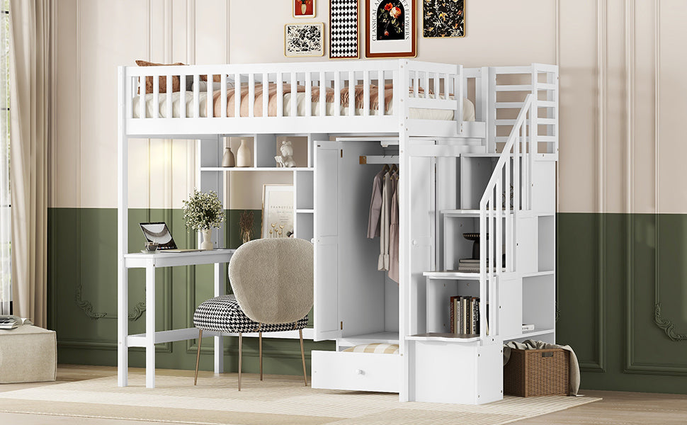 Twin size Loft Bed with Bookshelf,Drawers,Desk,and Wardrobe-White - Atlantic Fine Furniture Melbourne FL