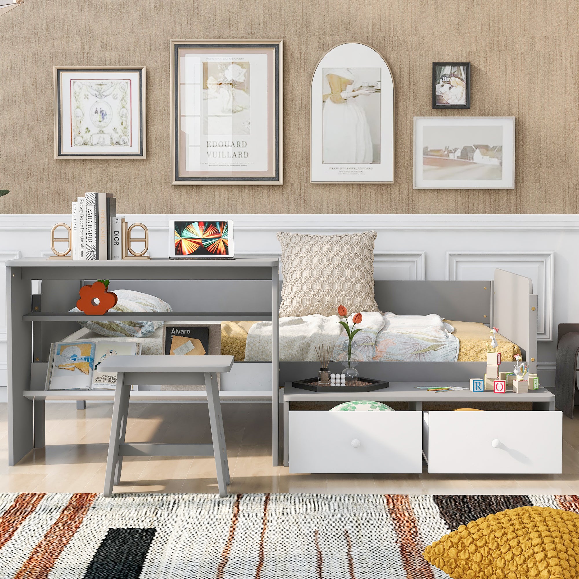 Wood Twin Size Platform Bed with 2 Drawers and 1 Chair&Desk Set, Gray+White - Atlantic Fine Furniture Melbourne FL