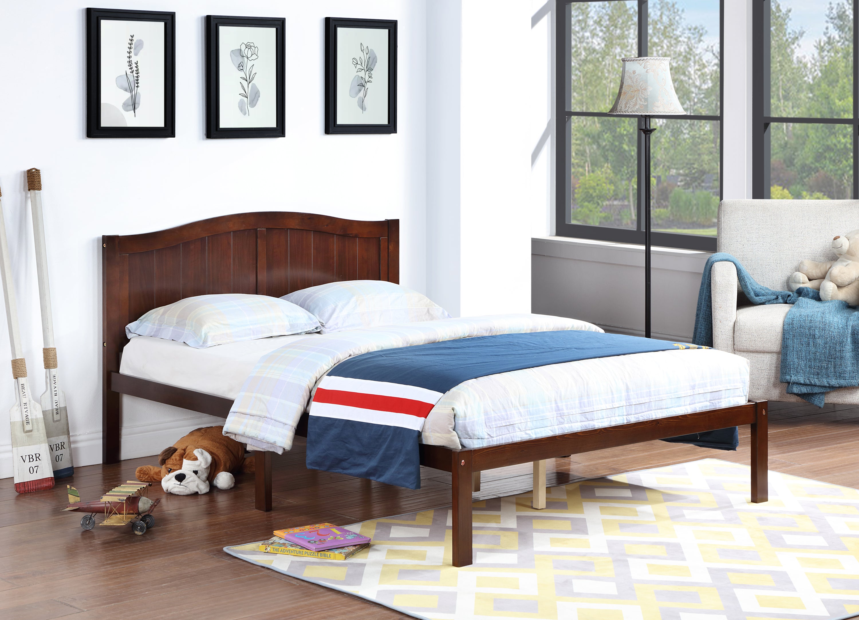 Full Size Bed, Wood Platform Bed Frame with Headboard For Kids, Slatted, Dark Walnut - Atlantic Fine Furniture Melbourne FL