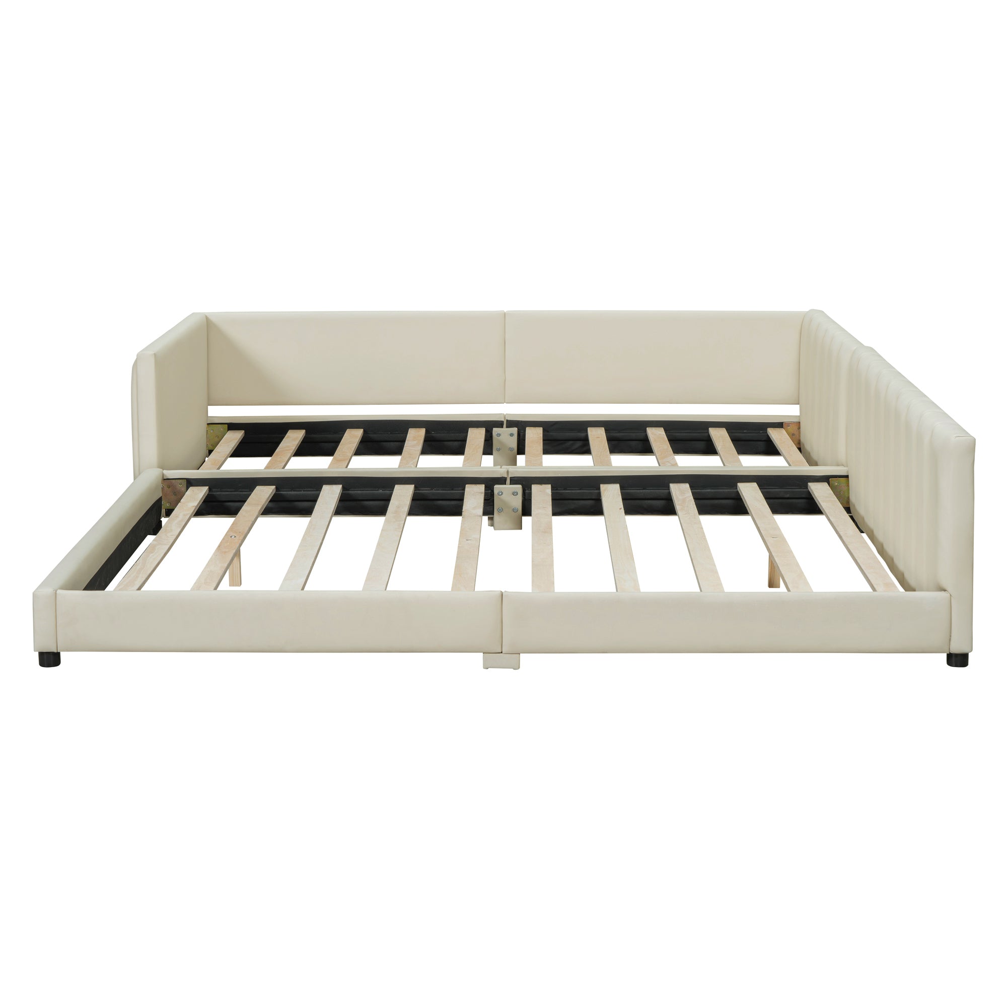 Queen Size & Twin XL Size Upholstered Platform Bed, Mother & Child Bed, PU Leather, Beige - Atlantic Fine Furniture Melbourne FL