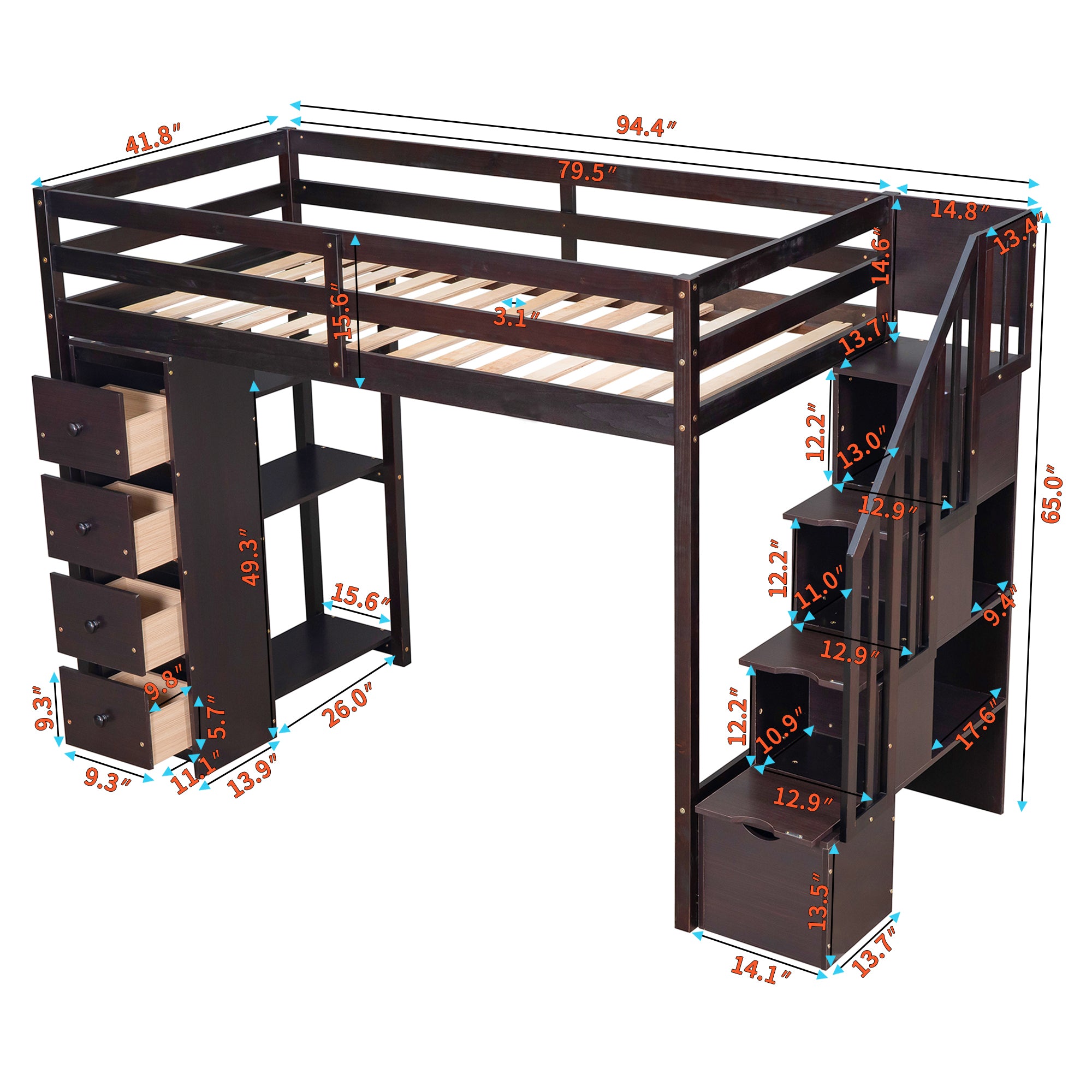 Twin size Loft Bed with Storage Drawers and Stairs, Wooden Loft Bed with Shelves - Espresso - Atlantic Fine Furniture Melbourne FL