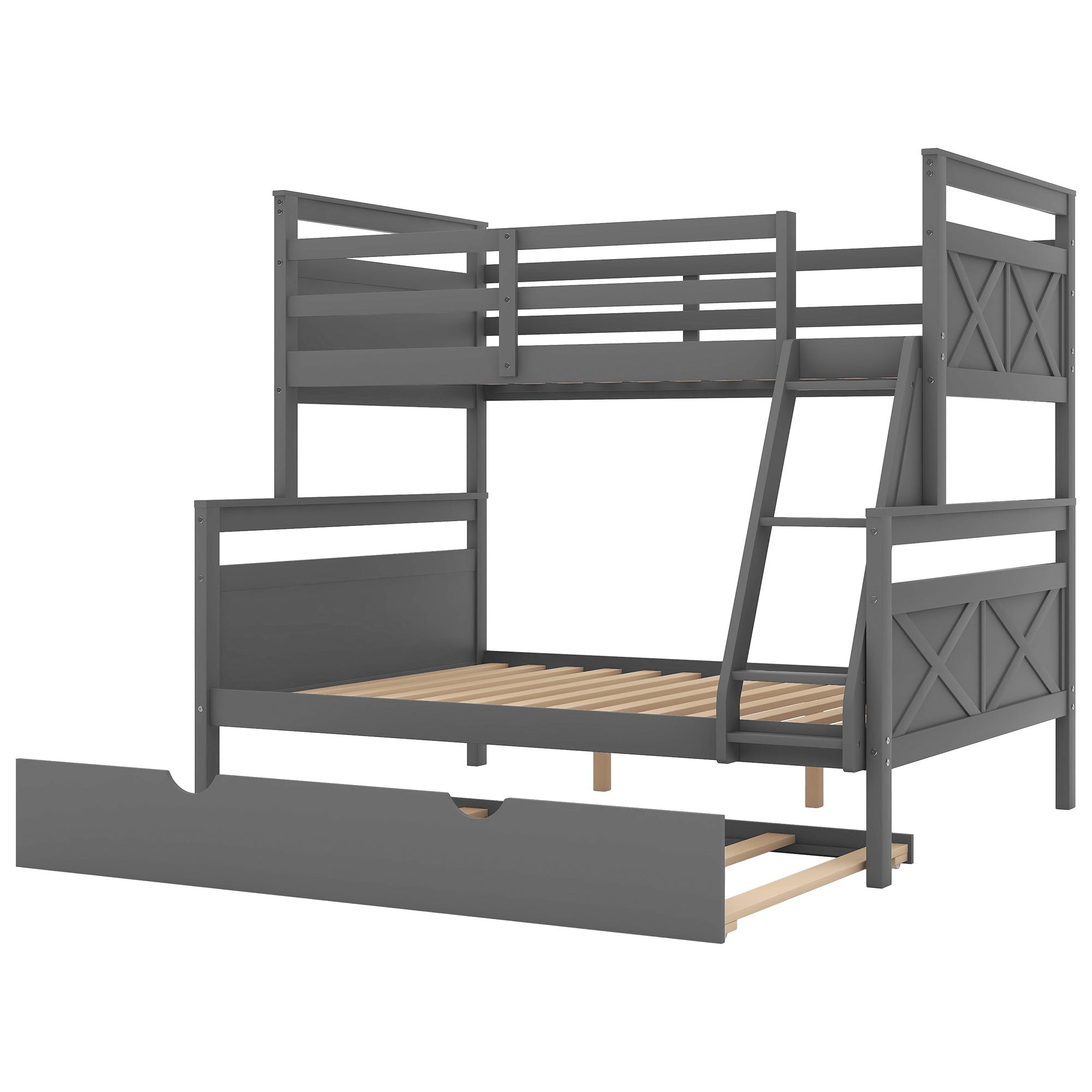 Twin over Full Bunk Bed with Ladder, Twin Size Trundle, Safety Guardrail, Gray - Atlantic Fine Furniture Melbourne FL
