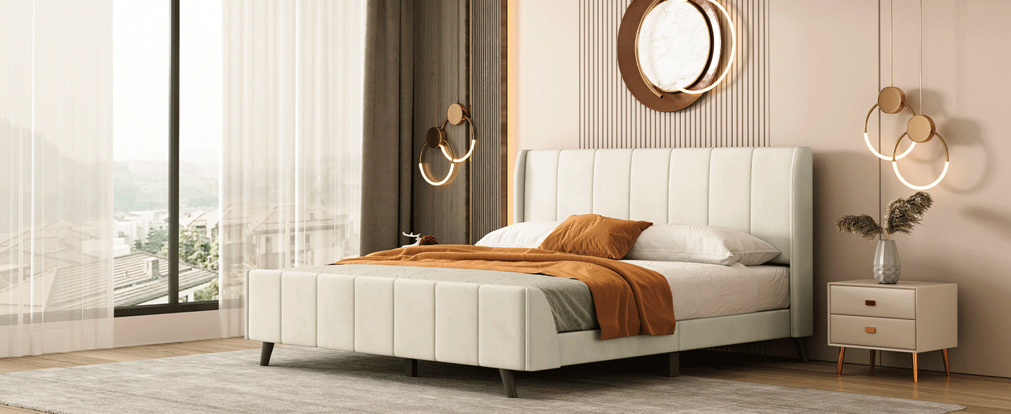 Queen Size Upholstered Platform Bed, Velvet, Beige - Atlantic Fine Furniture Melbourne FL