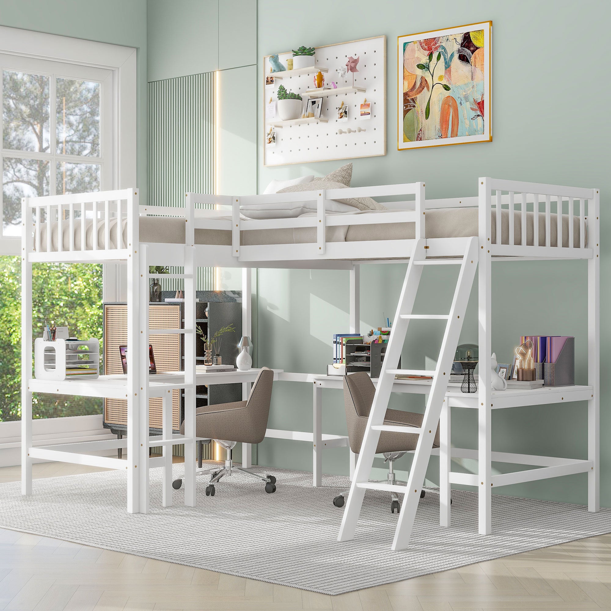 Wood Twin Size L-Shaped Loft Bed with Ladder and 2 Built-in L-Shaped Desks, White - Atlantic Fine Furniture Melbourne FL