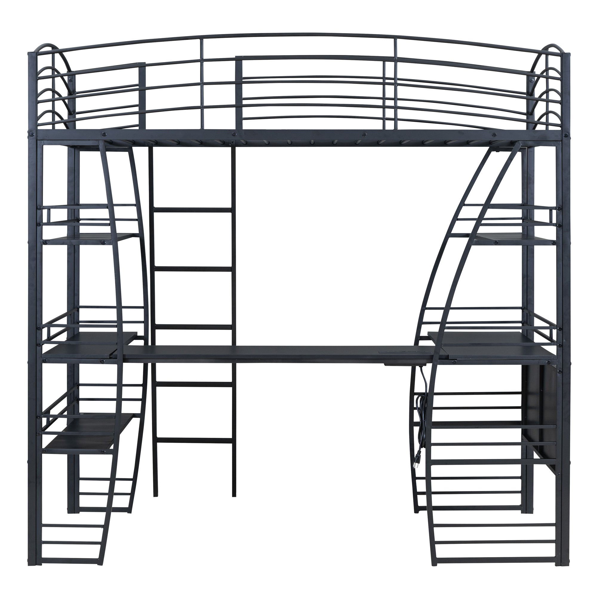 Twin Size Loft Bed with 4 Layers of Shelves and L-shaped Desk, Stylish Metal Frame Bed with a set of Sockets, USB Ports and Wireless Charging, Black - Atlantic Fine Furniture Melbourne FL