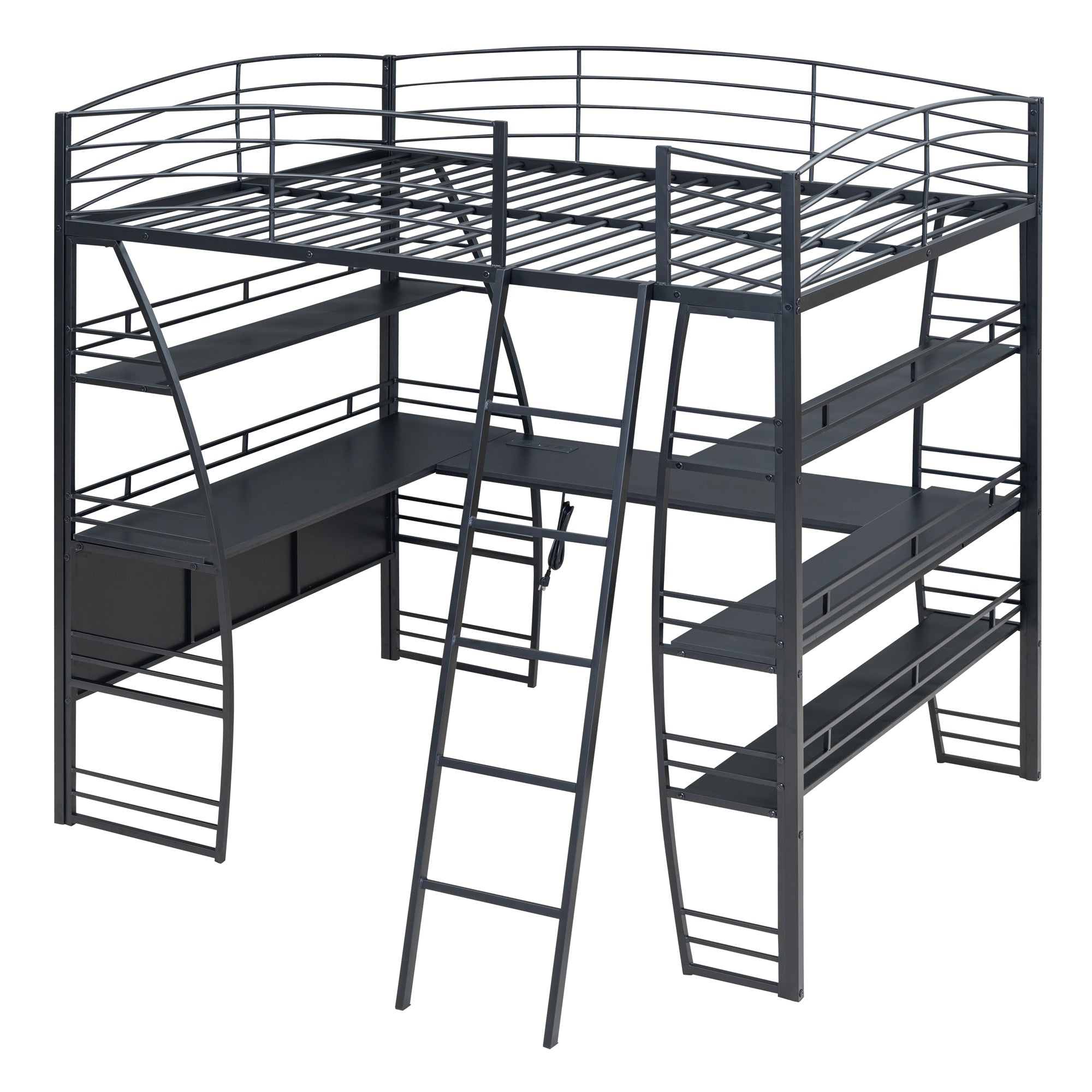 Full Size Loft Bed with 4 Layers of Shelves and L-shaped Desk, Stylish Metal Frame Bed with a set of Sockets, USB Ports and Wireless Charging, Black - Atlantic Fine Furniture Melbourne FL