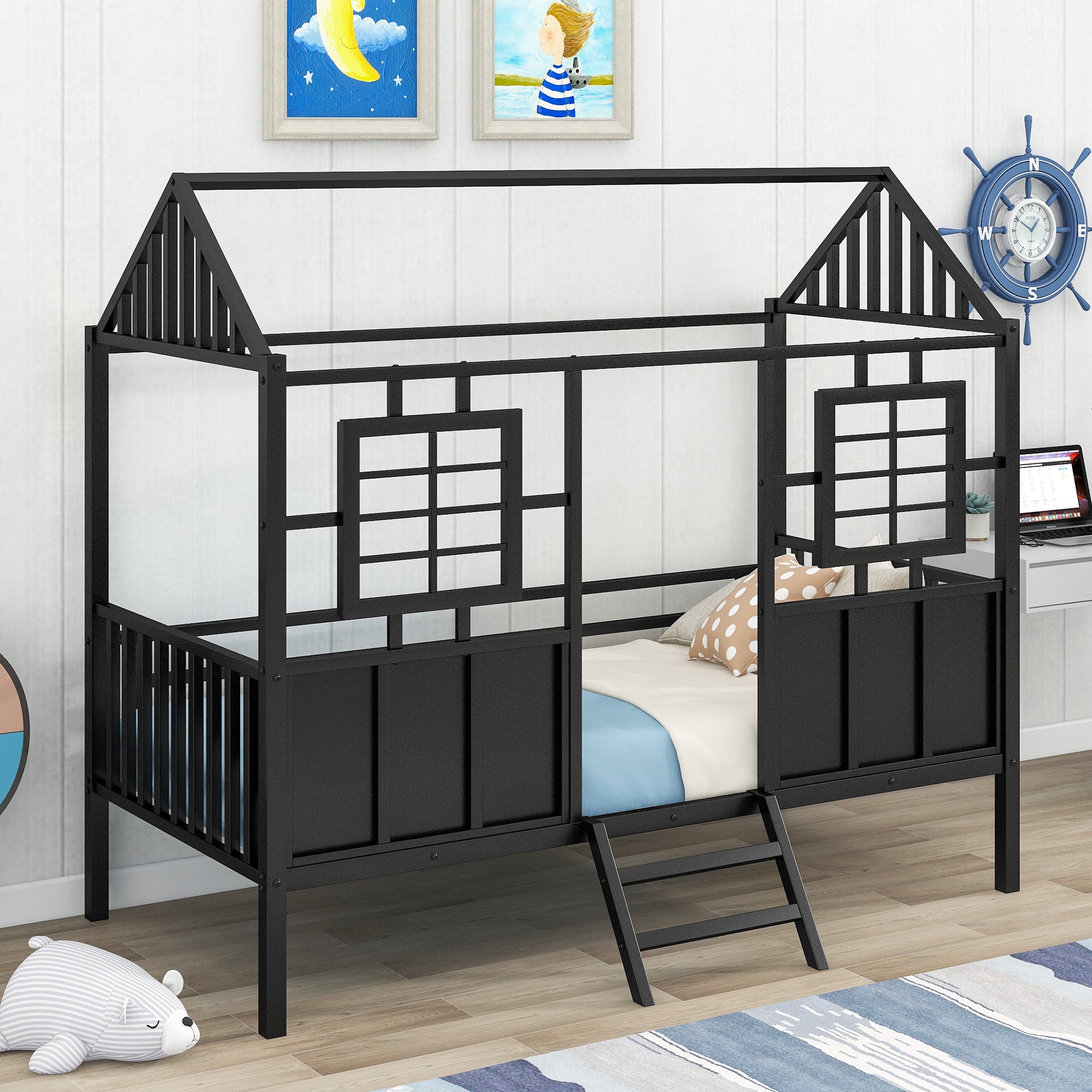Twin Size Metal Low Loft House Bed with Roof and Two Front Windows , Black - Atlantic Fine Furniture Melbourne FL