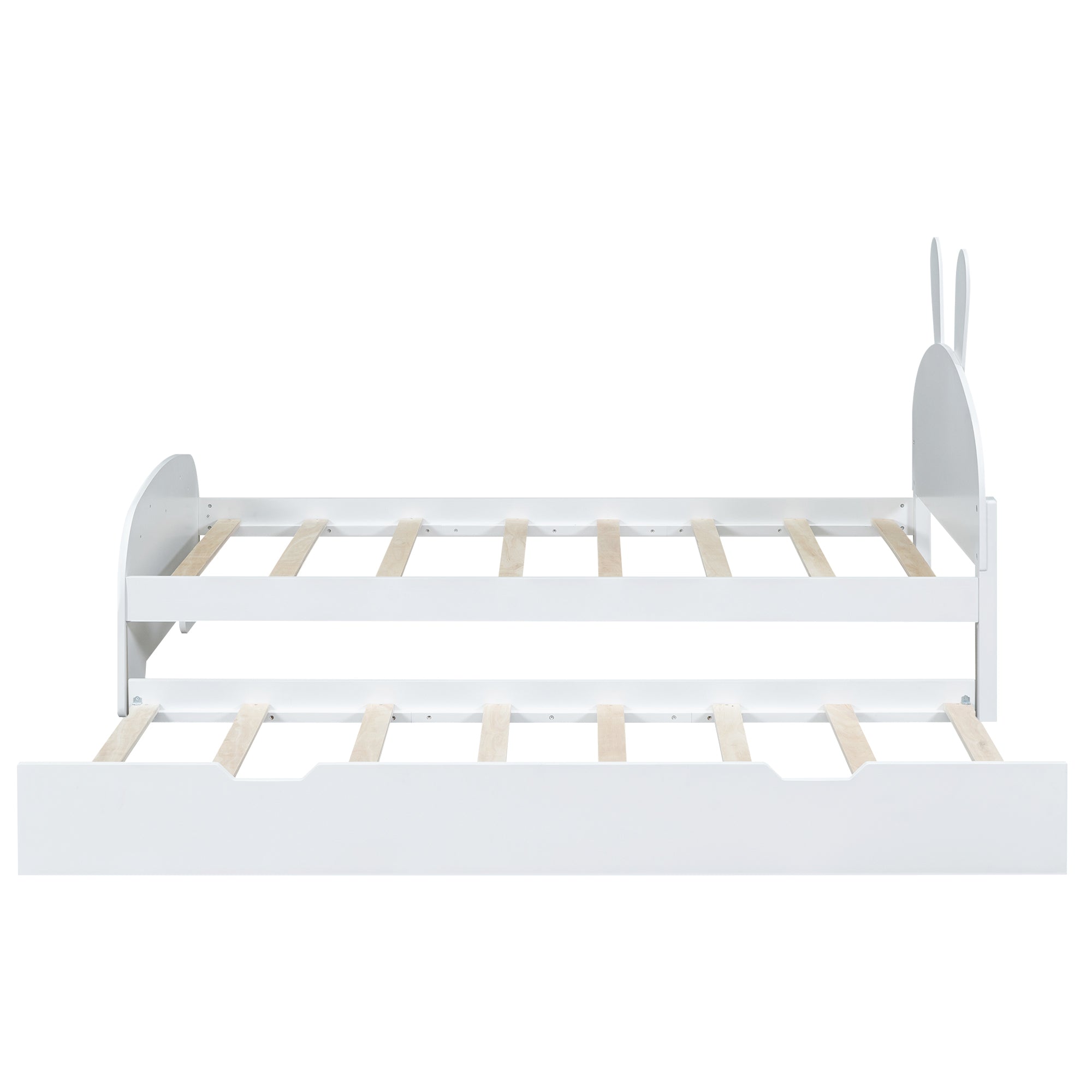 Wood Twin Size Platform Bed with Cartoon Ears Shaped Headboard and Trundle, White - Atlantic Fine Furniture Melbourne FL