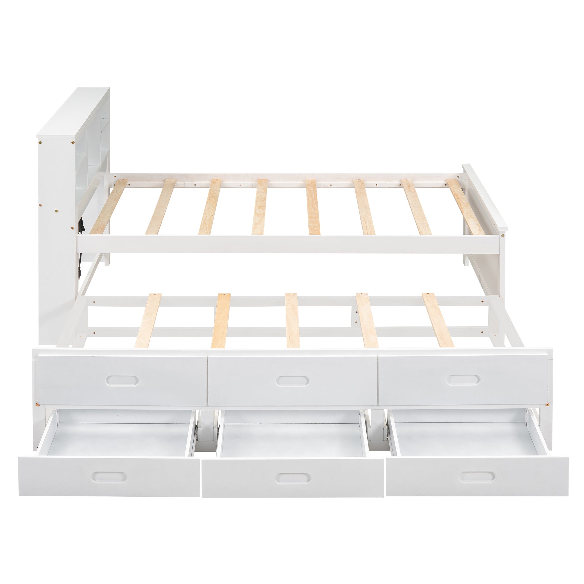 Twin Size Platform Bed with Storage Headboard, USB, Twin Size Trundle and 3 Drawers, White - Atlantic Fine Furniture Melbourne FL