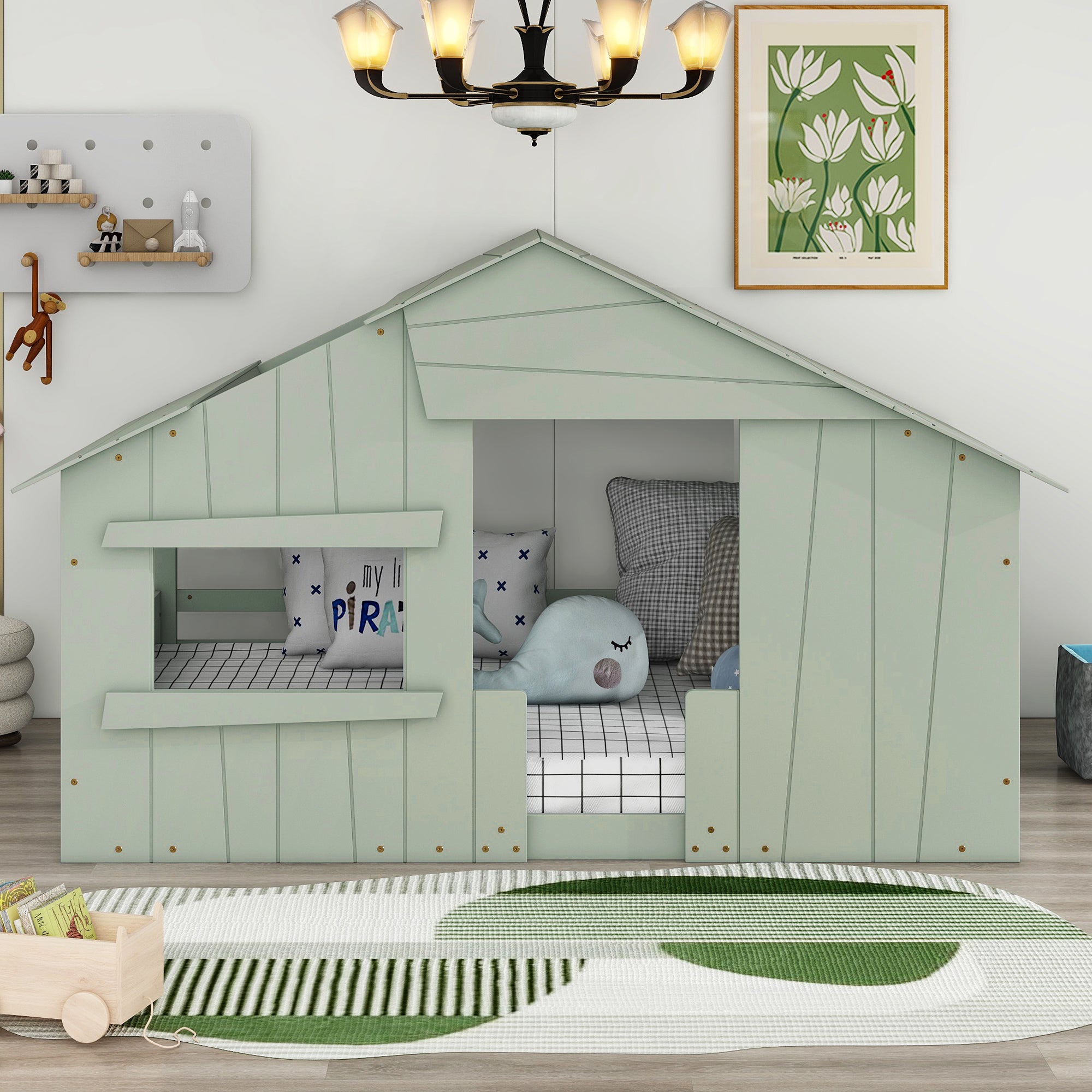 Wood Full Size House Bed with Roof, Window and Guardrail, Light Green - Atlantic Fine Furniture Melbourne FL