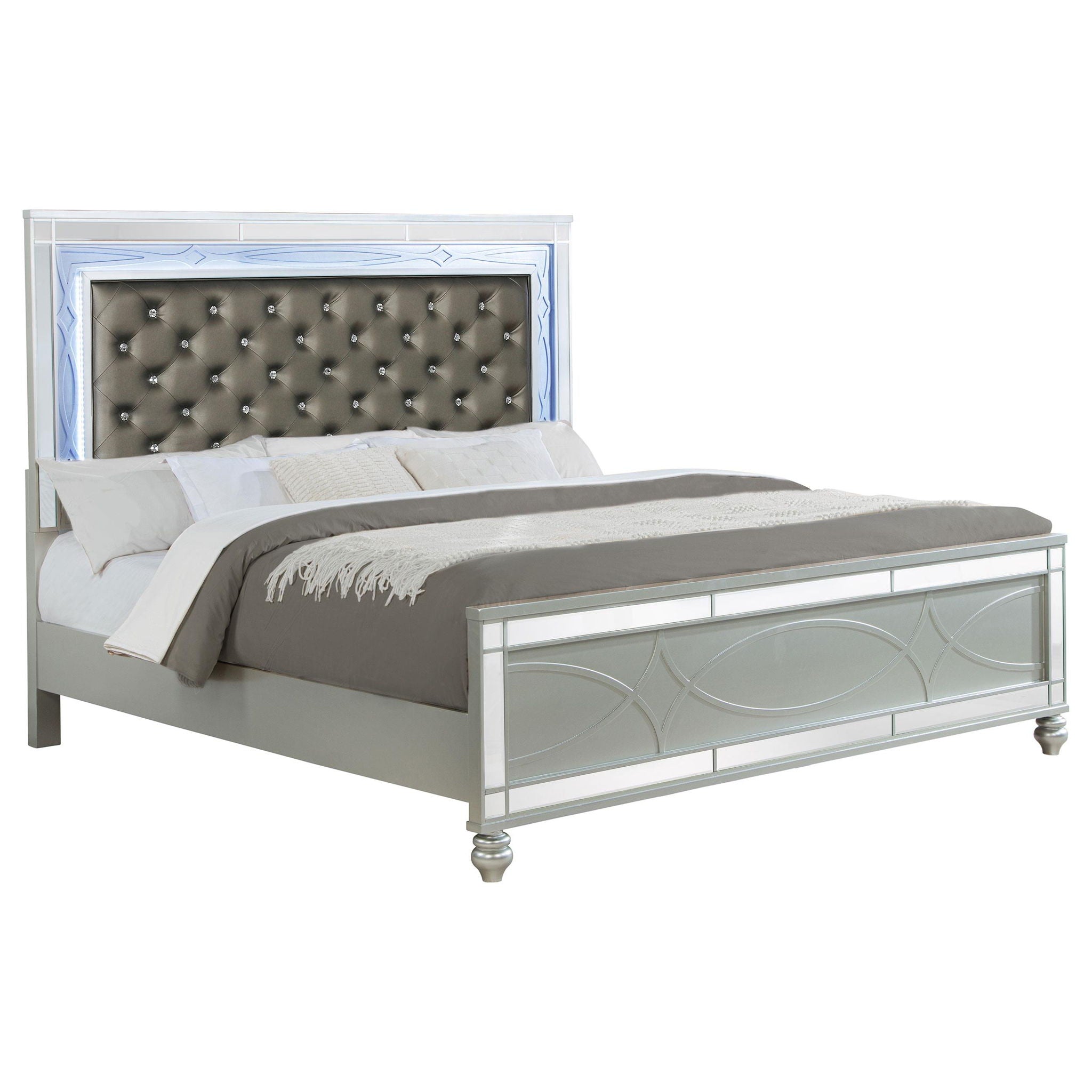 Gunnison Wood Eastern King LED Panel Bed Silver Metallic