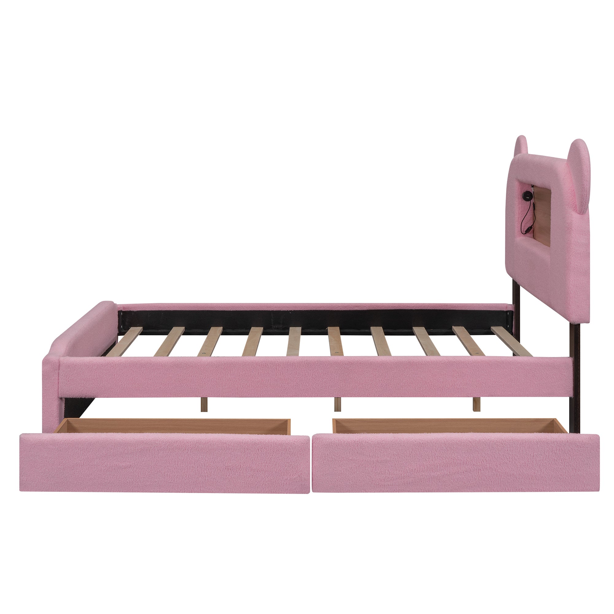 Full Size Upholstered Storage Platform Bed with Cartoon Ears Headboard, LED and USB, Pink - Atlantic Fine Furniture Melbourne FL