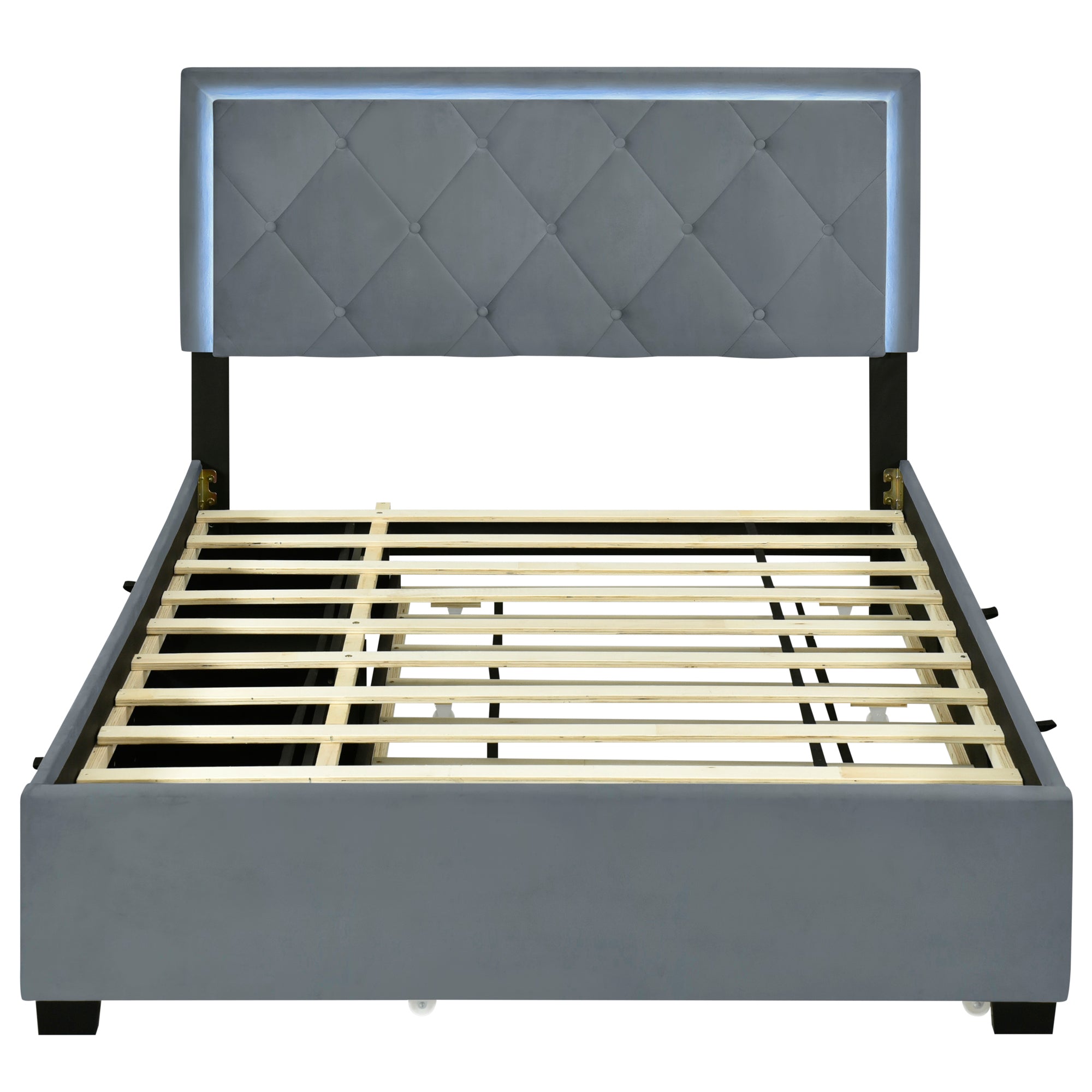 Full Size Velvet Storage Platform Bed, with 2 Big Drawers, T Size Trundle and LED Light, Gray - Atlantic Fine Furniture Melbourne FL