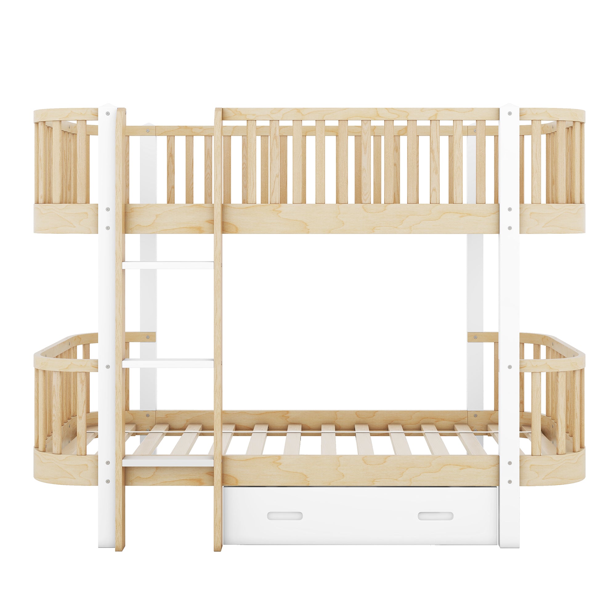 Wood Twin over Twin Bunk Bed with Fence Guardrail and a Big Drawer, Natural White - Atlantic Fine Furniture Melbourne FL