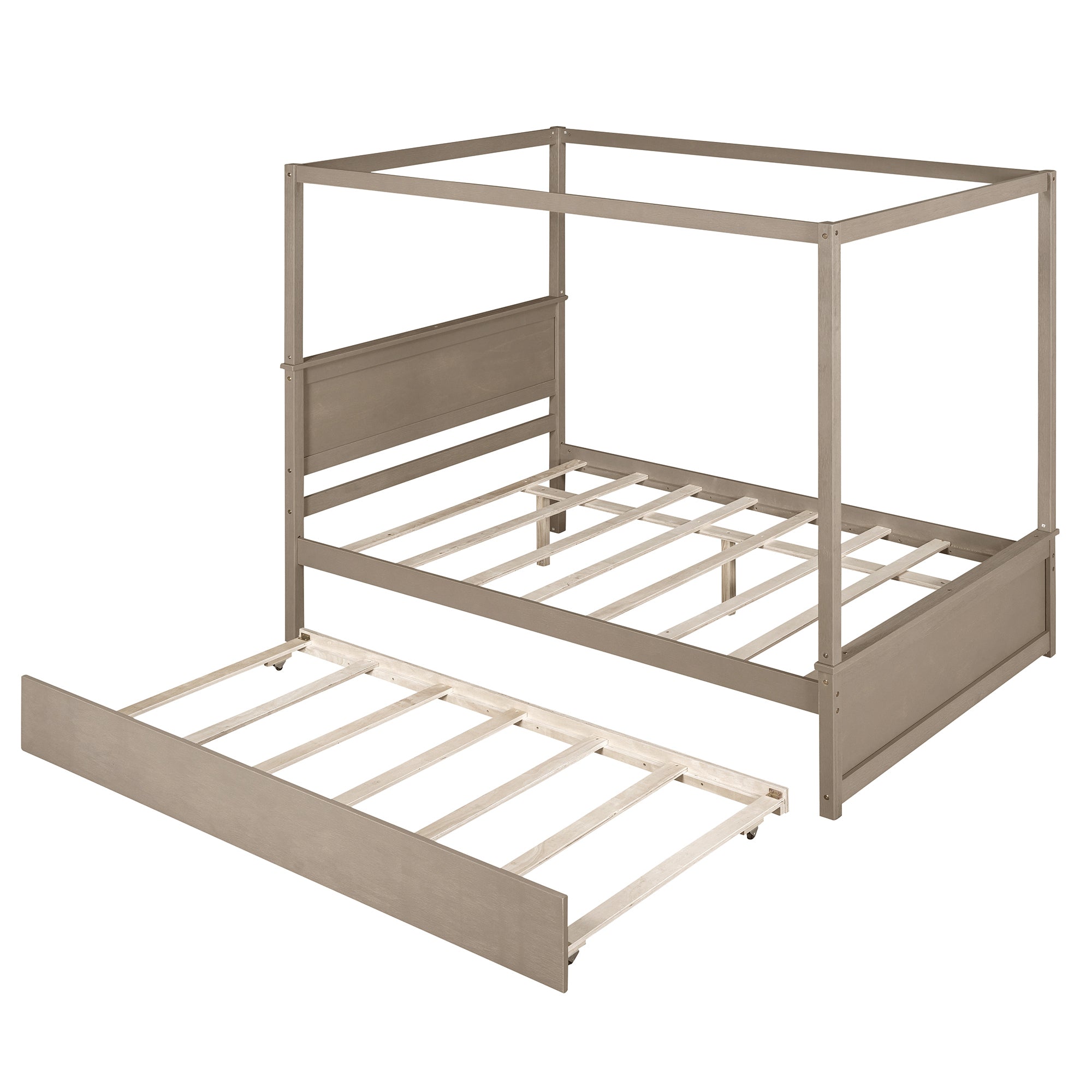 Wood Canopy Bed with Trundle Bed ,Full Size Canopy Platform bed With Support Slats .No Box Spring Needed, Brushed Light Brown - Atlantic Fine Furniture Melbourne FL
