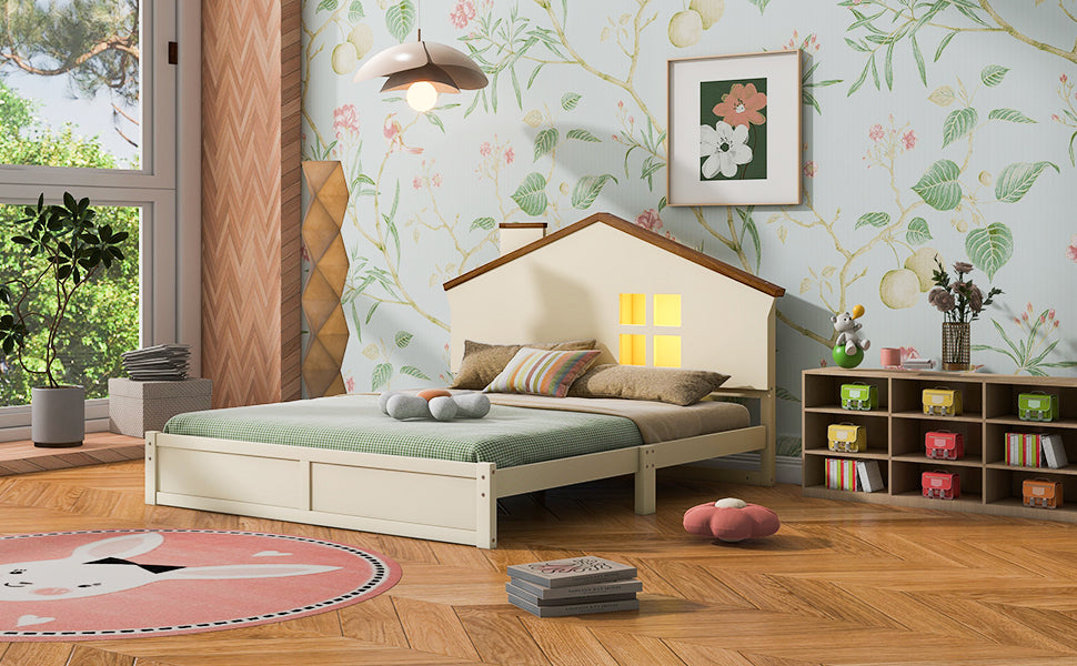 Full Size Wood Platform Bed with House-shaped Headboard and Built-in LED, Walnut+Milk White - Atlantic Fine Furniture Melbourne FL