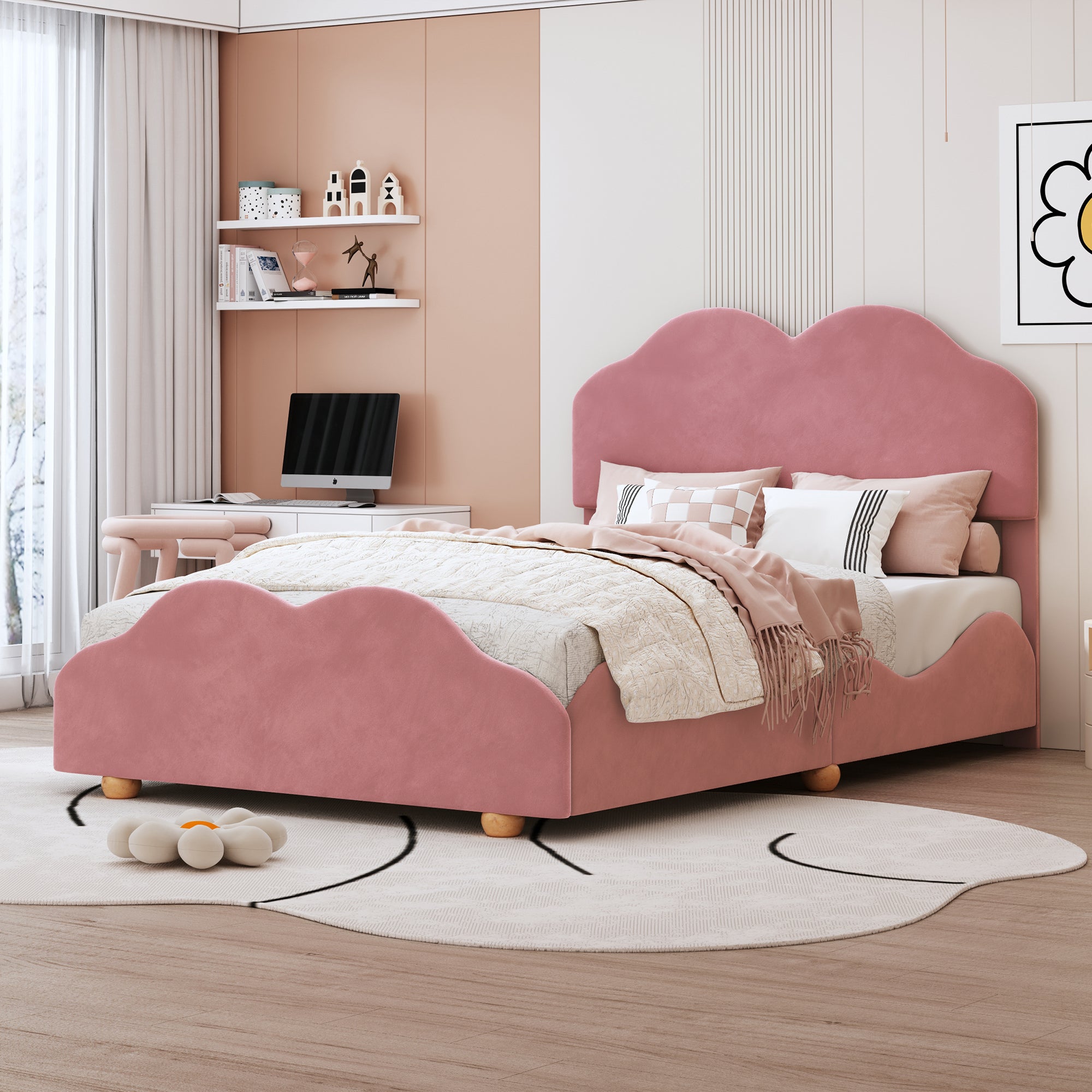 Full Size Upholstered Platform Bed with Cloud Shaped bed board, Dark Pink - Atlantic Fine Furniture Melbourne FL
