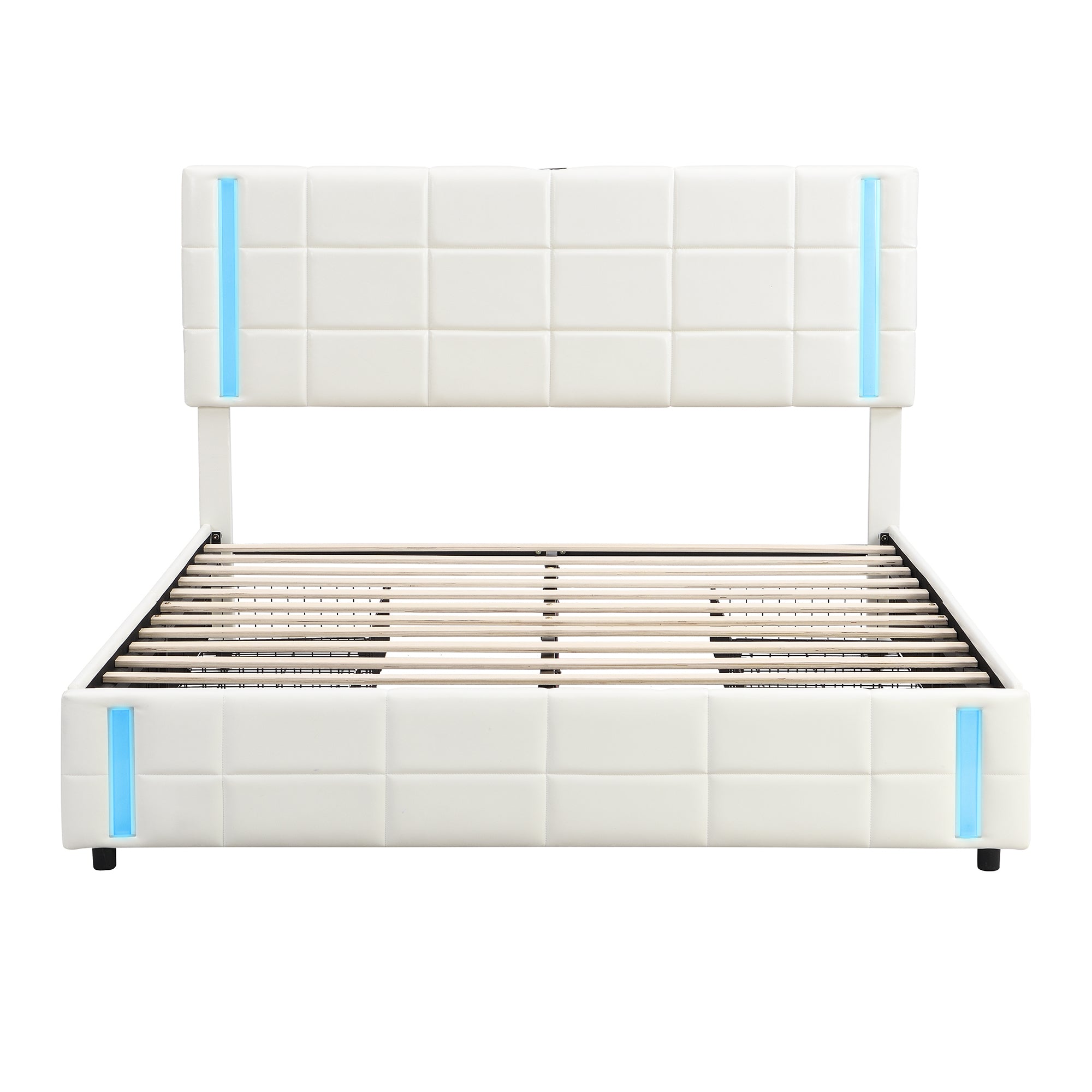 Queen Size Upholstered Platform Bed with LED Lights and USB Charging, Storage Bed with 4 Drawers, White - Atlantic Fine Furniture Melbourne FL