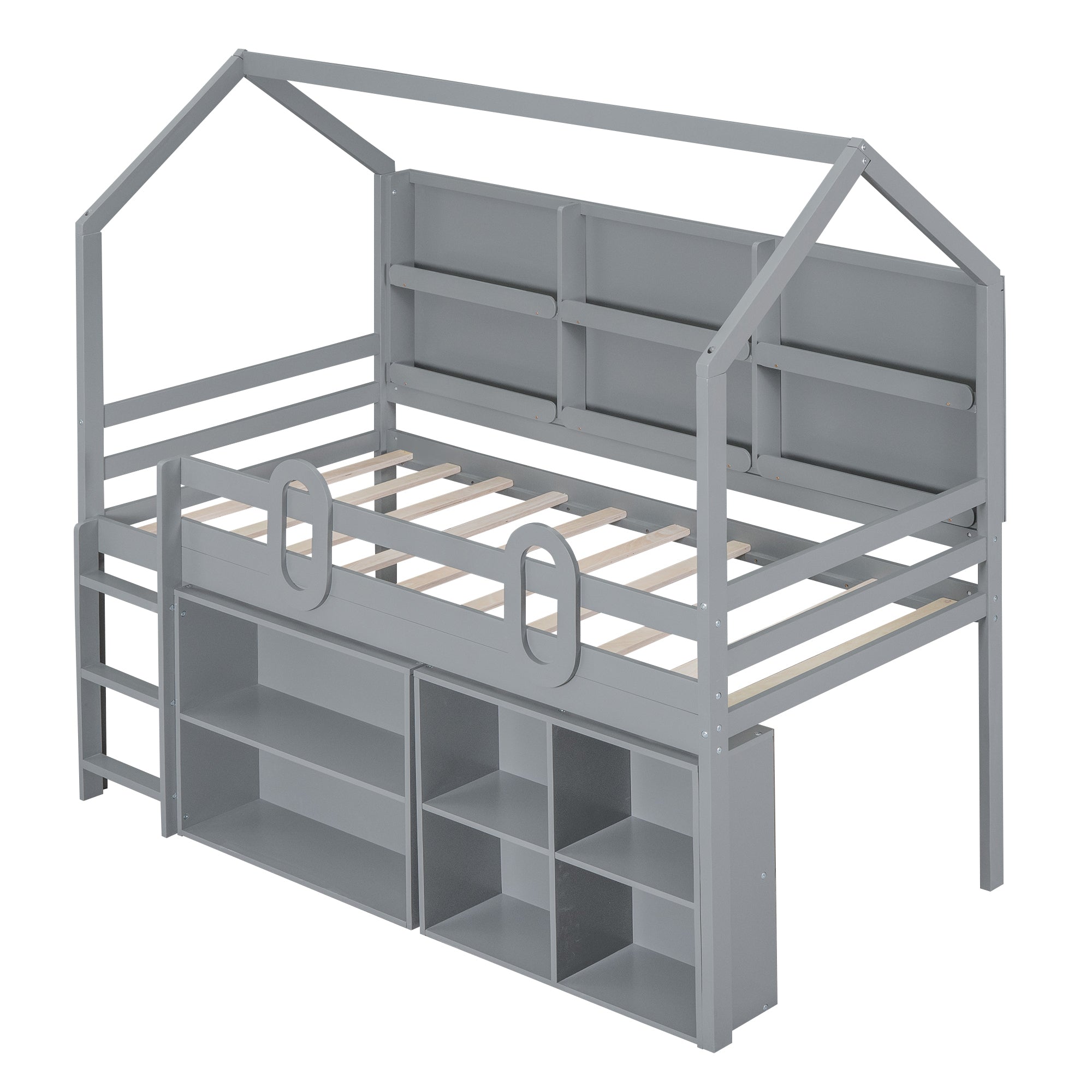 Twin Size House Loft Bed with Multiple Storage Shelves, Grey - Atlantic Fine Furniture Melbourne FL