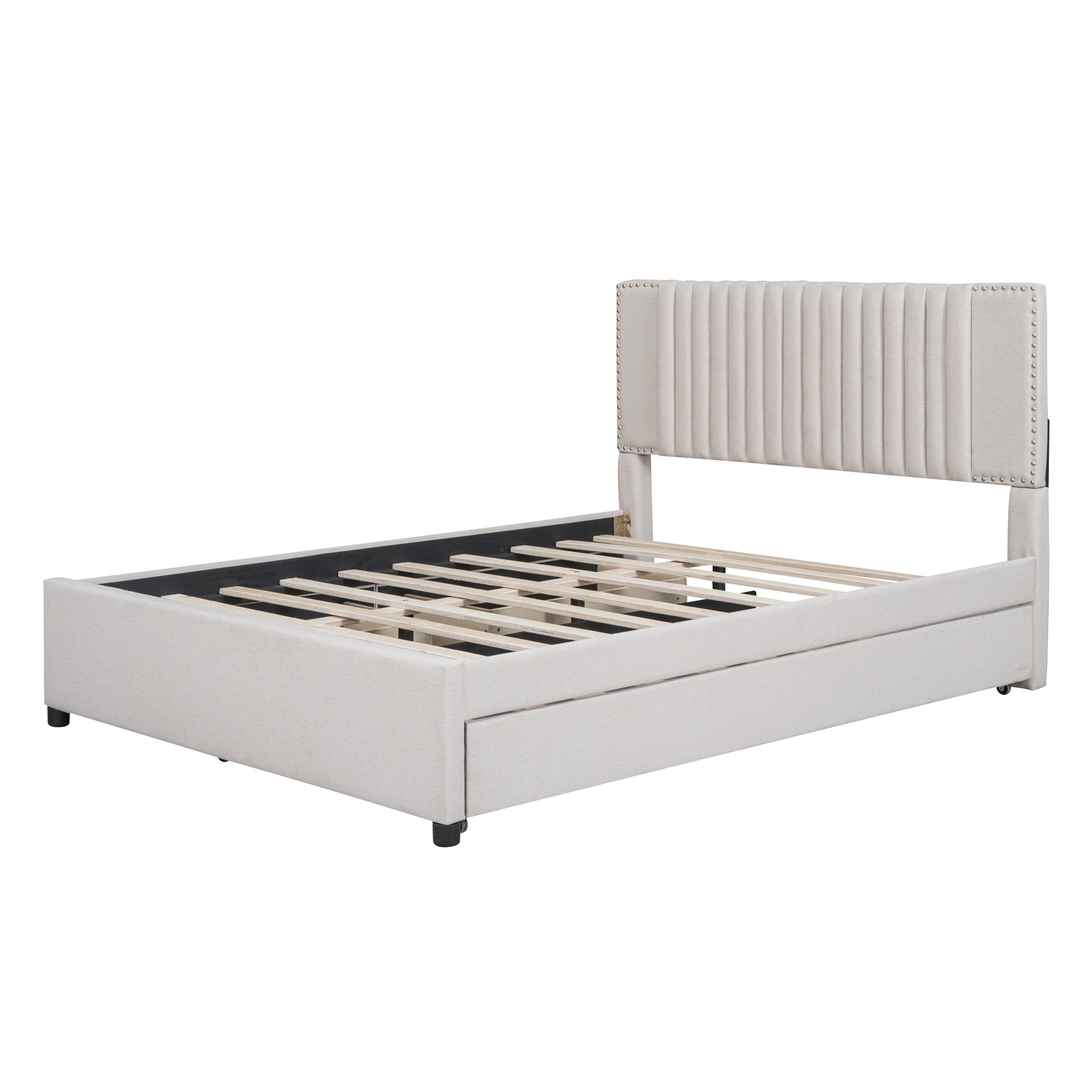 Queen Size Upholstered Platform Bed with 2 Drawers and 1 Twin XL Trundle, Classic Headboard Design, Beige - Atlantic Fine Furniture Melbourne FL