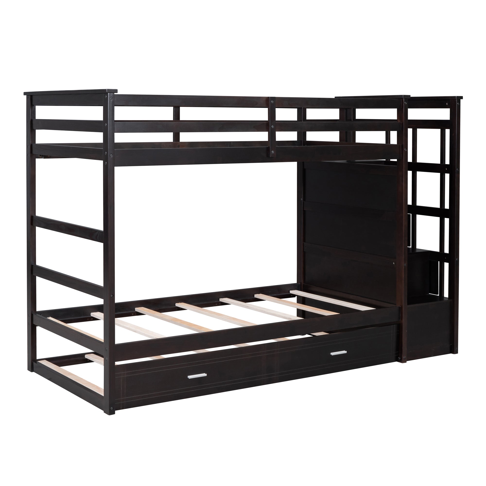 Twin Over Twin Bunk Bed with Trundle and Staircase,Espresso(OLD SKU:LT000068AAP) - Atlantic Fine Furniture Melbourne FL