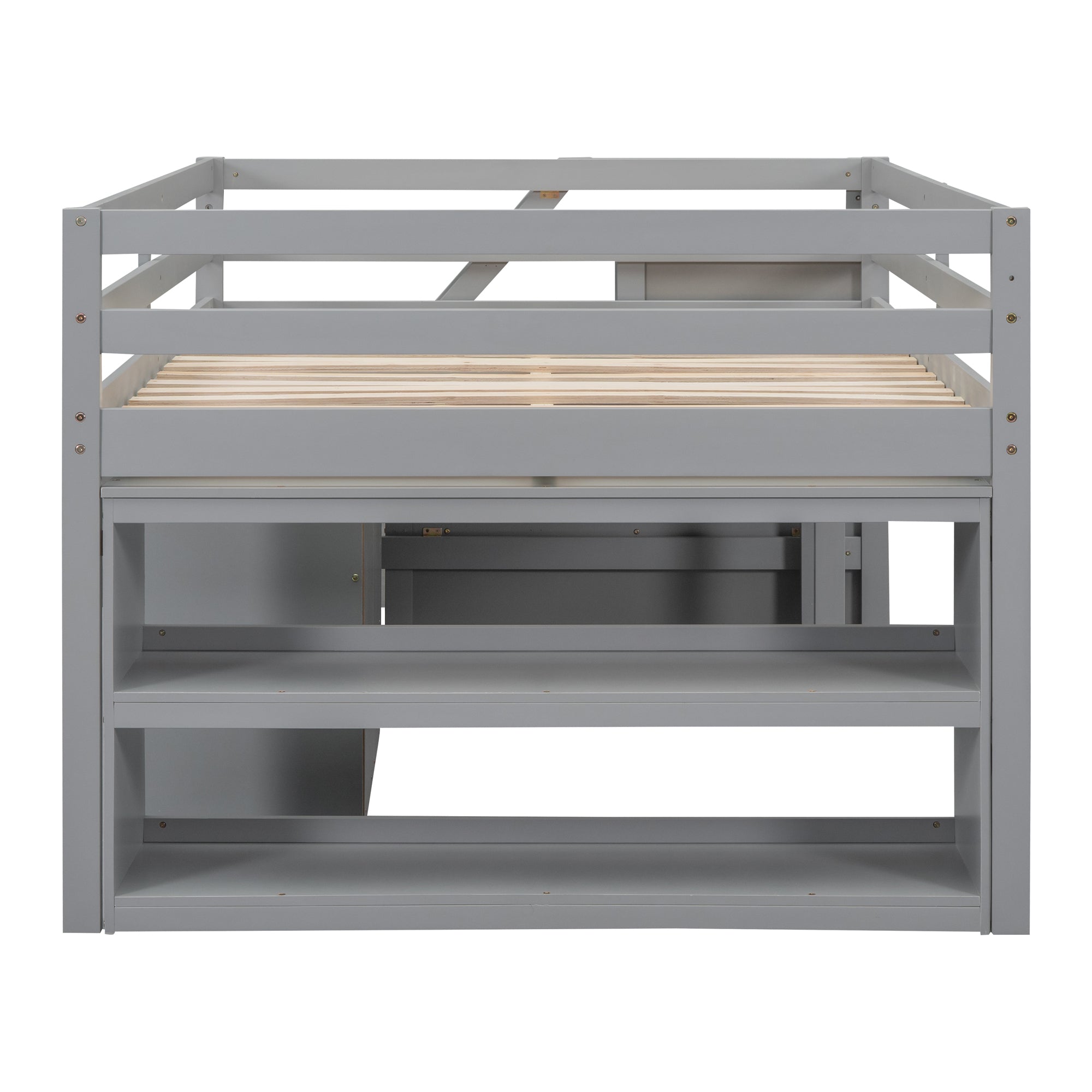 Full Size Loft Bed with Retractable Writing Desk and 3 Drawers, Wooden Loft Bed with Storage Stairs and Shelves, Gray - Atlantic Fine Furniture Melbourne FL