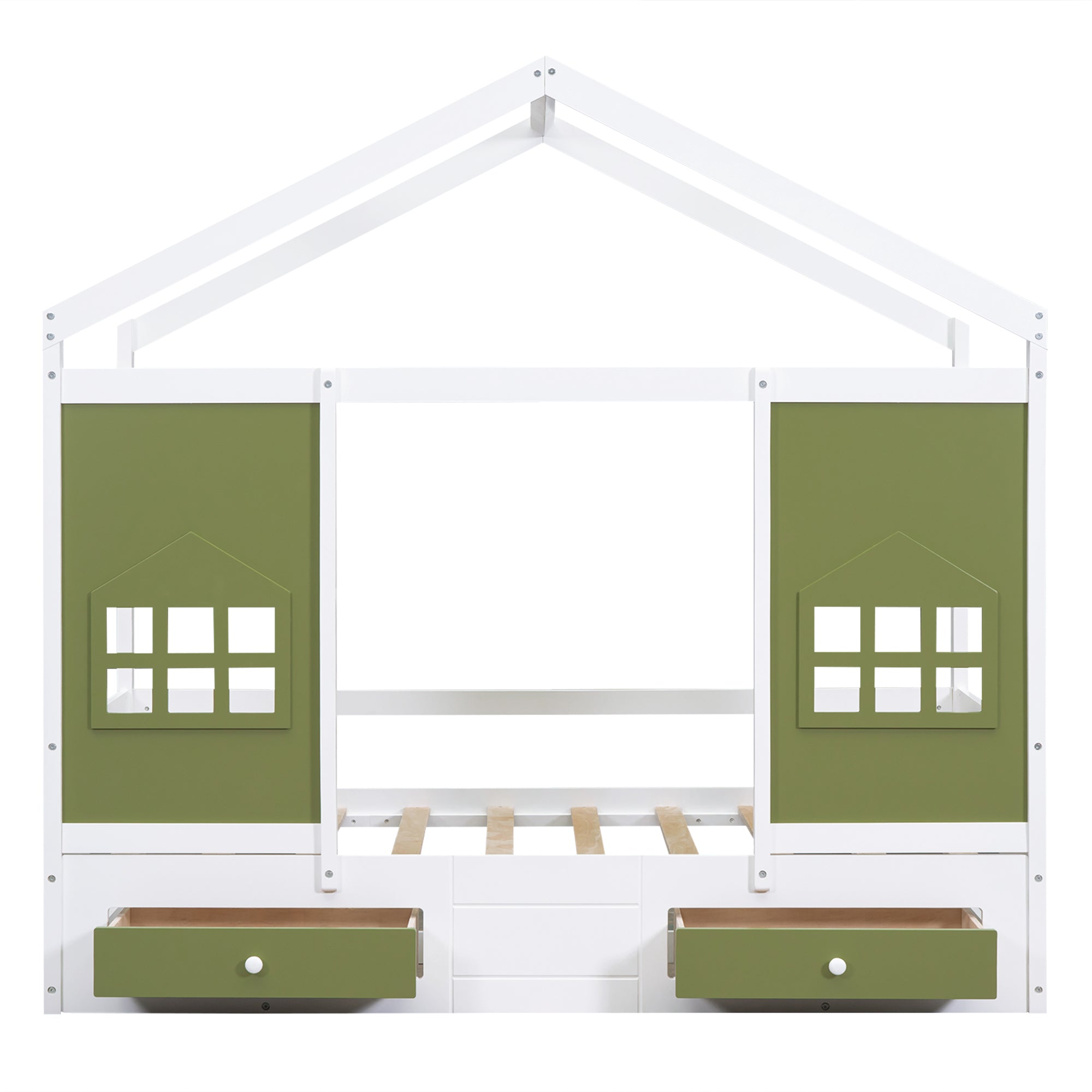 Twin Size Wood House Bed with 2 Drawers and Window Decoration, White+Olive Green - Atlantic Fine Furniture Melbourne FL