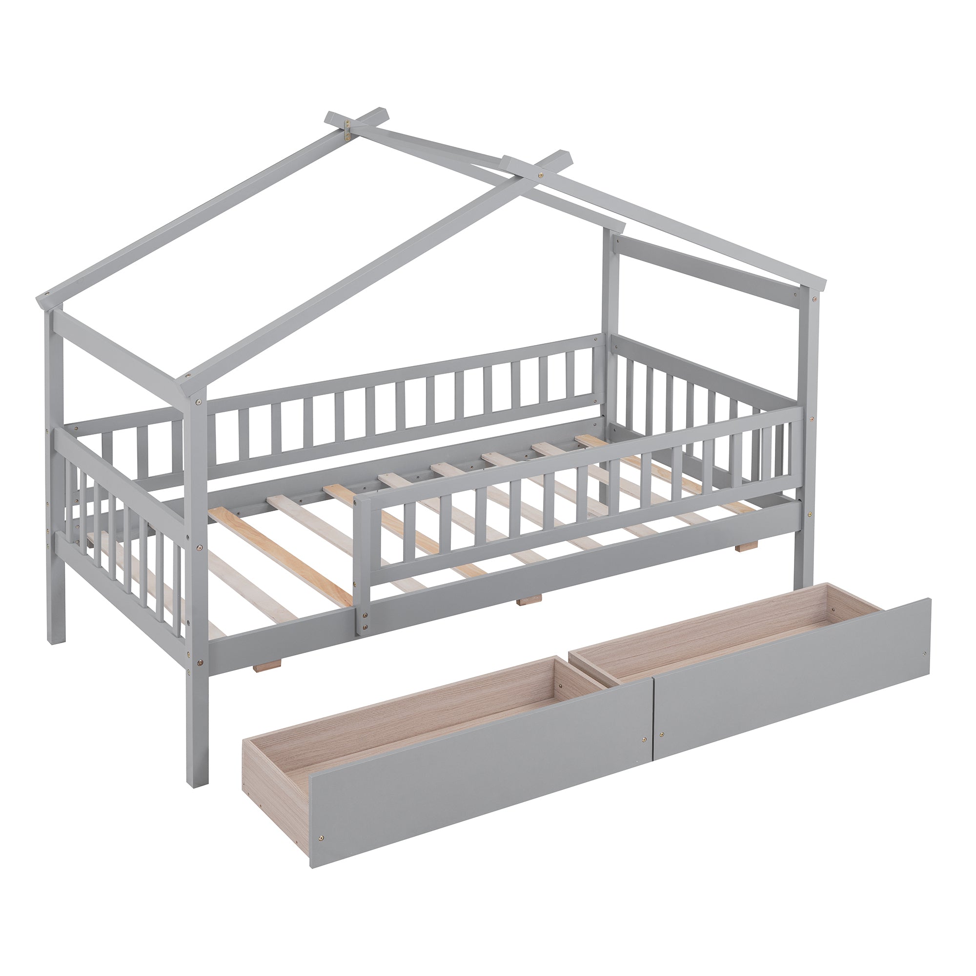 Twin Size Wooden House Bed with Two Drawers, Gray - Atlantic Fine Furniture Melbourne FL