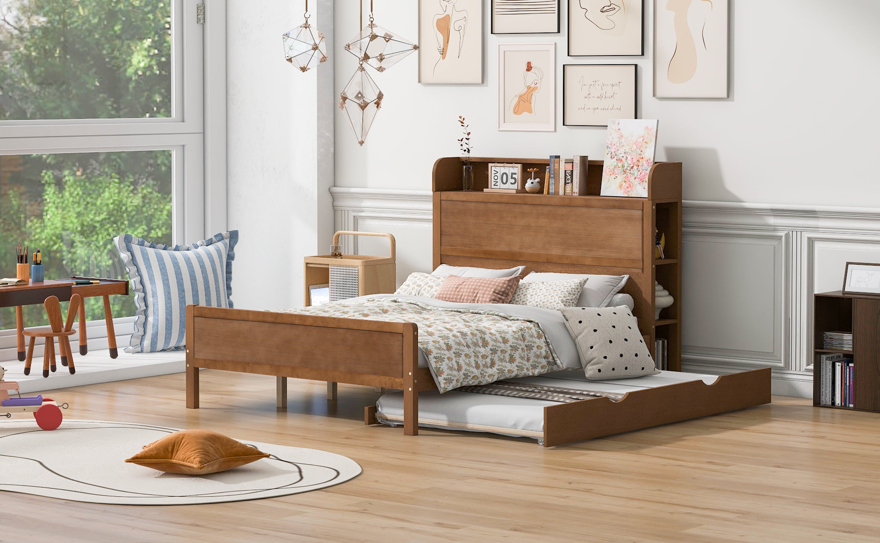 Full Size Platform Bed with Storage Headboard and Twin Size Trundle, Walnut - Atlantic Fine Furniture Melbourne FL