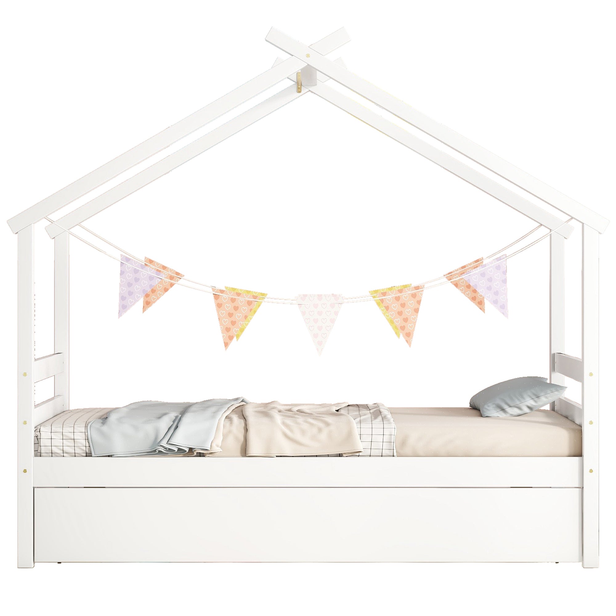 Twin Size House-shaped Bed with Trundle,White
