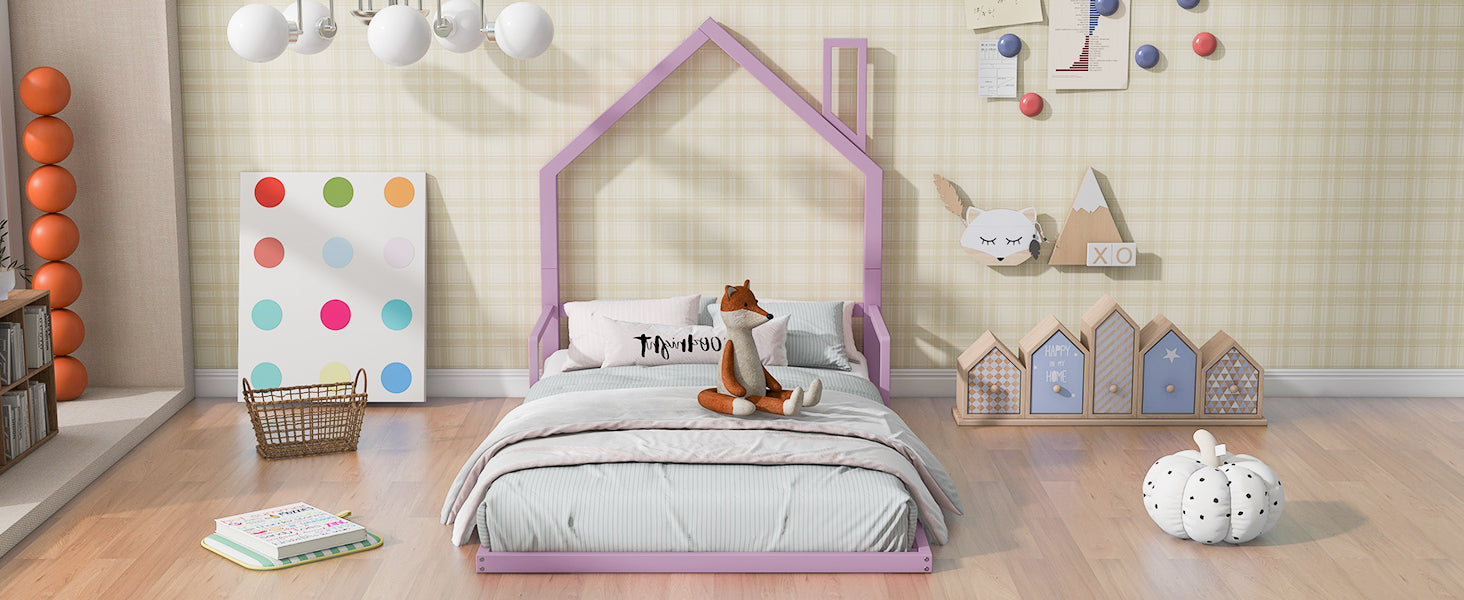 Twin Size Metal Floor Bed with House-shaped Headboard, Pink - Atlantic Fine Furniture Melbourne FL