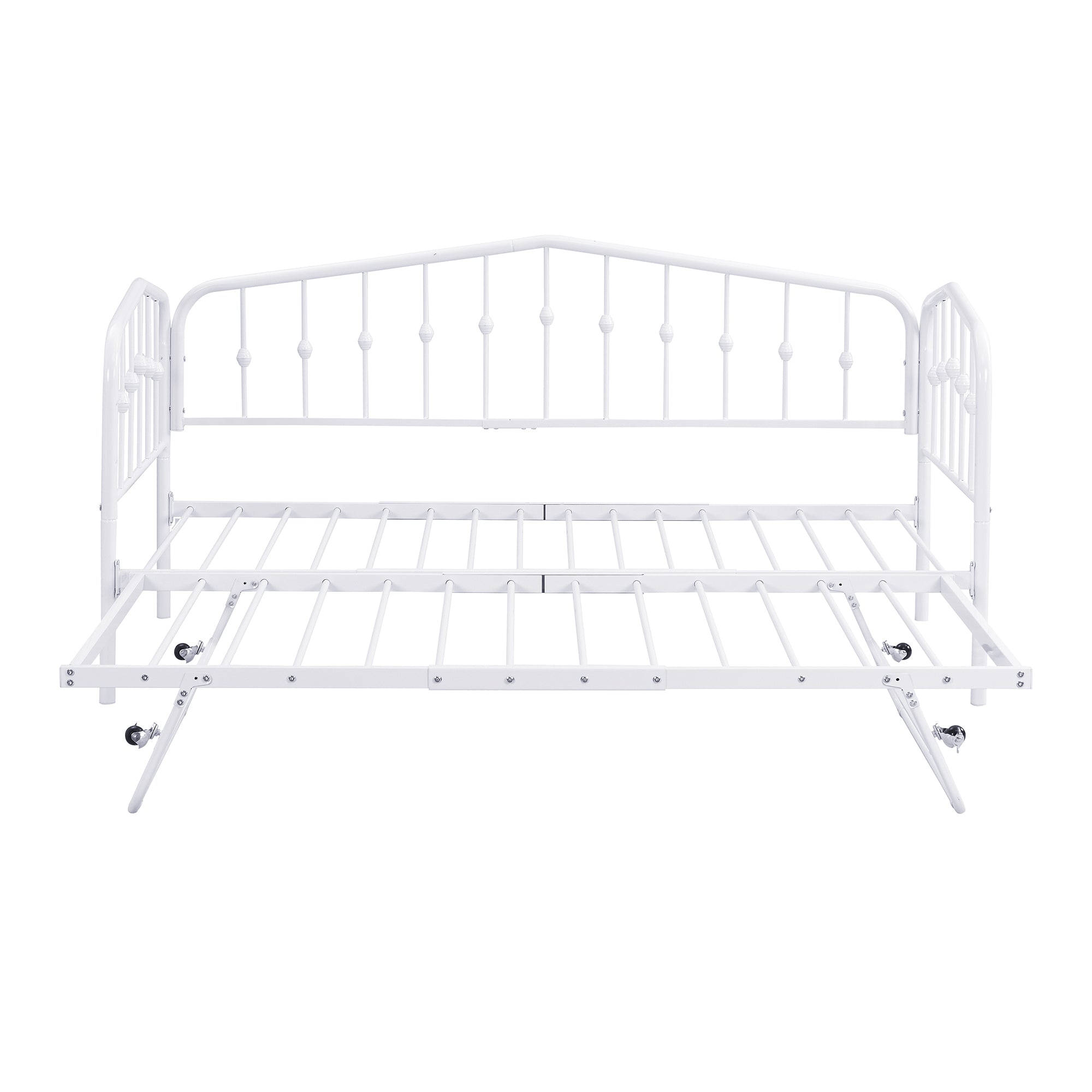 Twin Size Stylish Metal Daybed with Twin Size Adjustable Trundle, Portable Folding Trundle, White