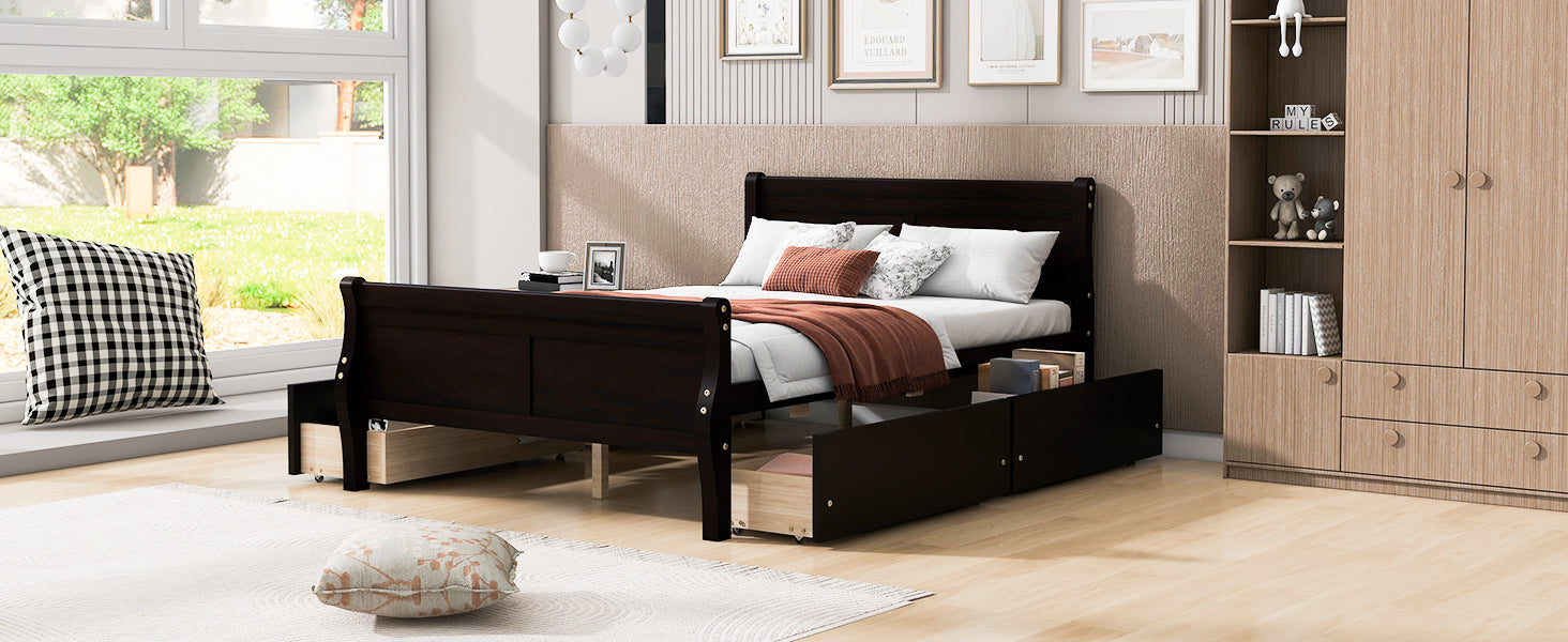 Full Size Wood Platform Bed with 4 Drawers and Streamlined Headboard & Footboard, Espresso - Atlantic Fine Furniture Melbourne FL