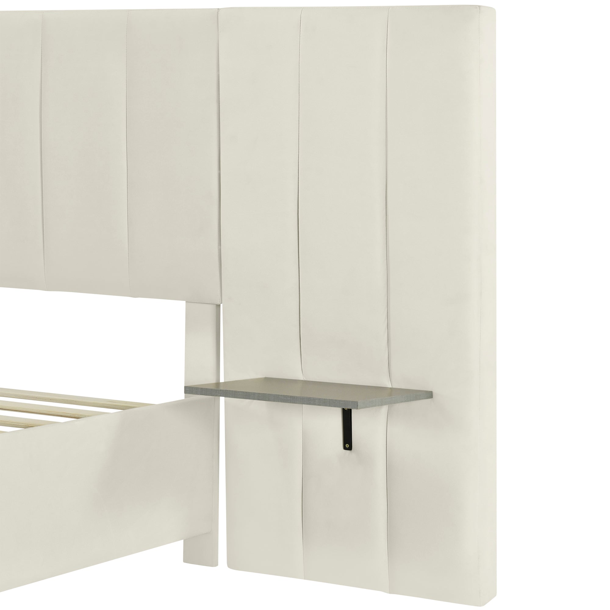 Queen Size Upholstered Platform Bed with Big Headboard, Bedroom Furniture, Velvet, Beige - Atlantic Fine Furniture Melbourne FL