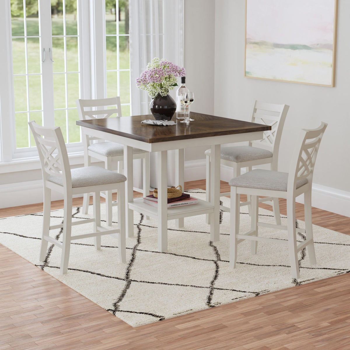 Brooks 5 Piece Counter Set With Table And 4 Upholstery Seat & Wood Back Chairs in Medium Brown & White by Elements International, view 9