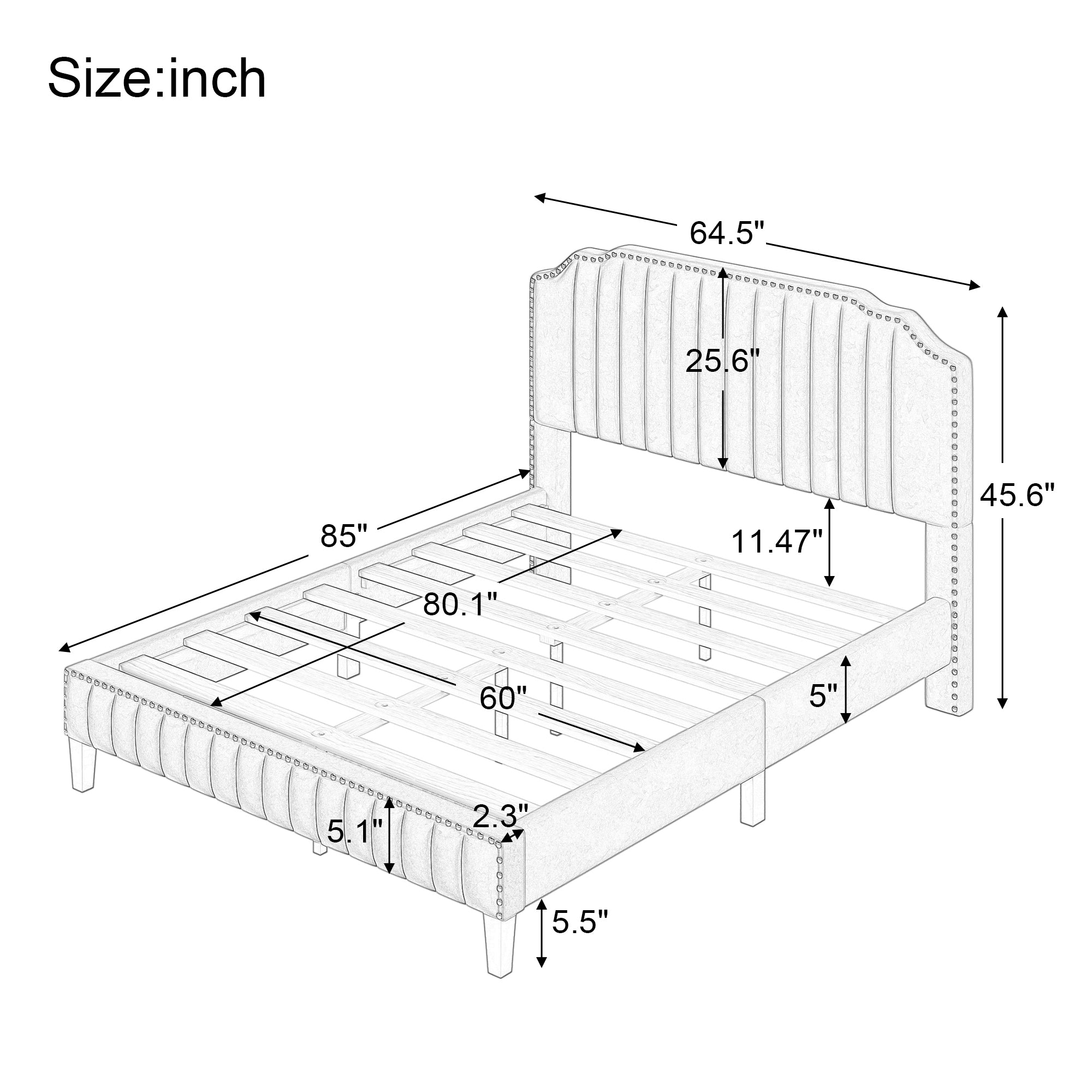 Modern Linen Curved Upholstered Platform Bed , Solid Wood Frame , Nailhead Trim, Beige (Queen) - Atlantic Fine Furniture Melbourne FL