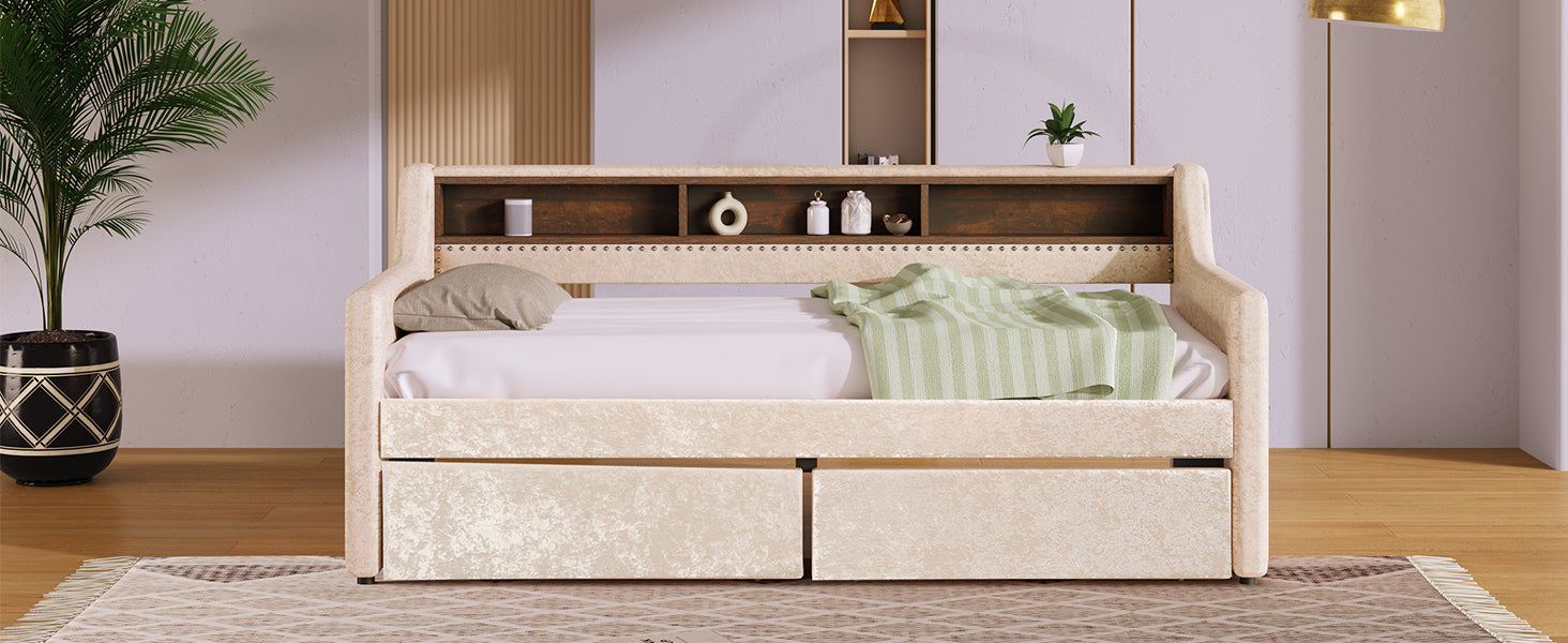 Twin Size Snowflake Velvet Daybed with Two Storage Drawers and Built-in Storage Shelves,Beige - Atlantic Fine Furniture Melbourne FL