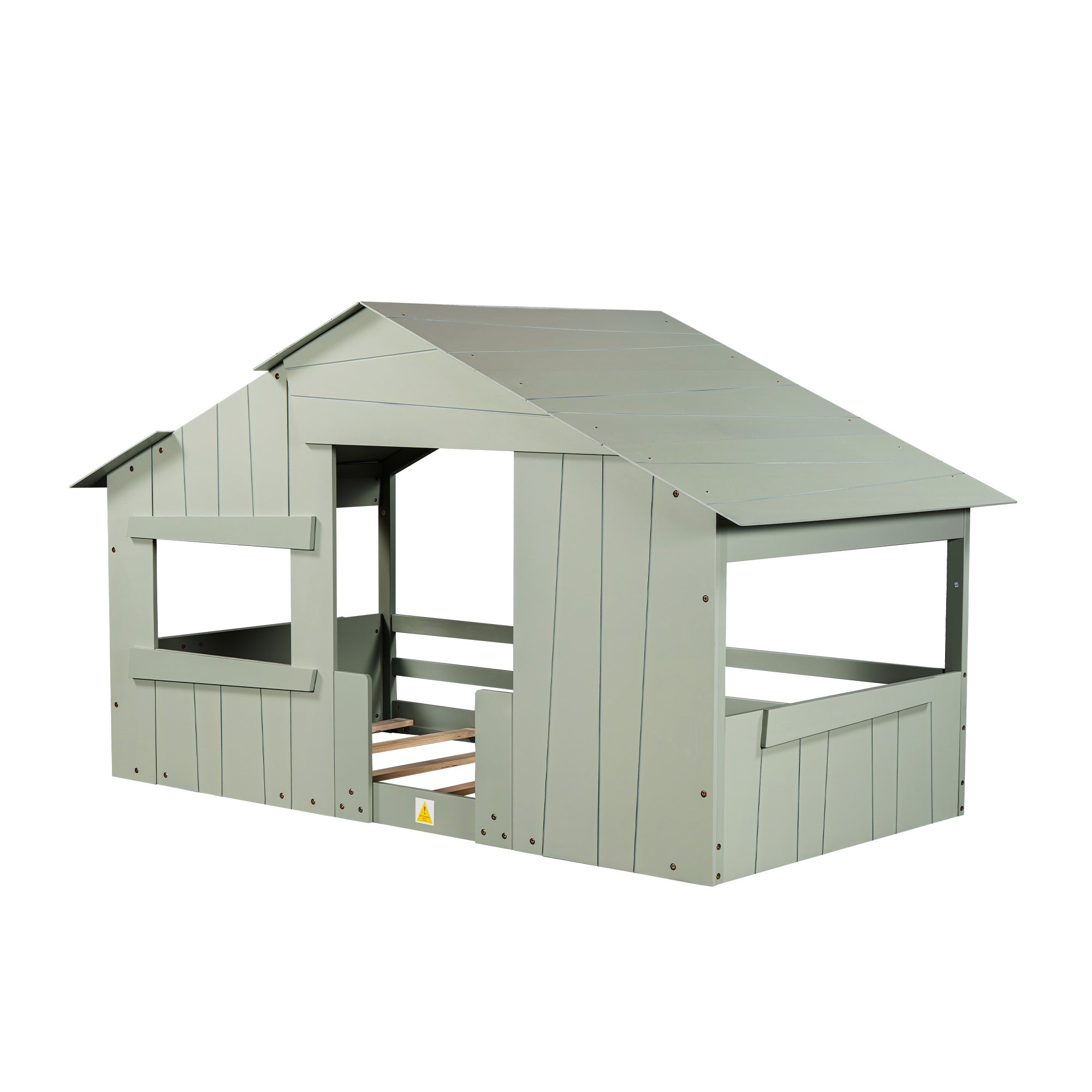 Wood Twin Size House Bed with Roof, Window and Guardrail, Light Green - Atlantic Fine Furniture Melbourne FL
