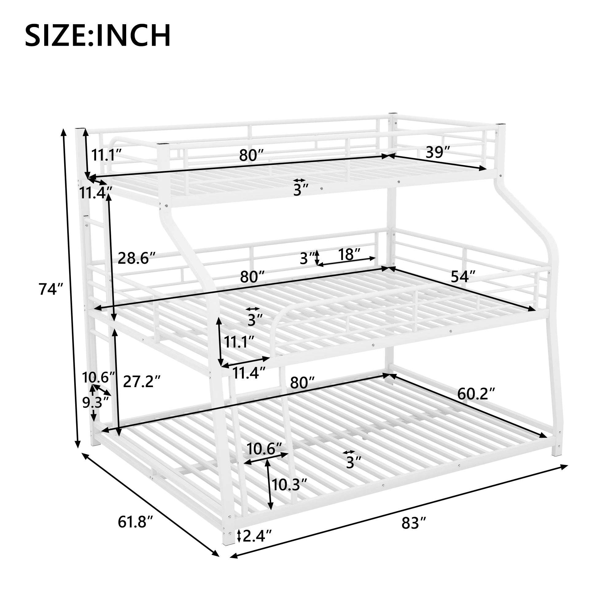 Twin XL/Full XL/Queen Triple Bunk Bed with Long and Short Ladder and Full-Length Guardrails,White - Atlantic Fine Furniture Melbourne FL