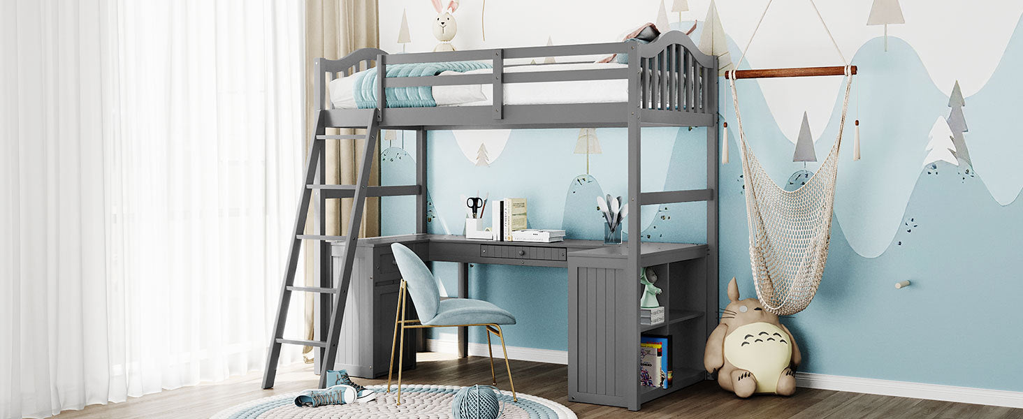 Twin size Loft Bed with Drawers, Cabinet, Shelves and Desk, Wooden Loft Bed with Desk - Gray(OLD SKU :LT000505AAE) - Atlantic Fine Furniture Melbourne FL