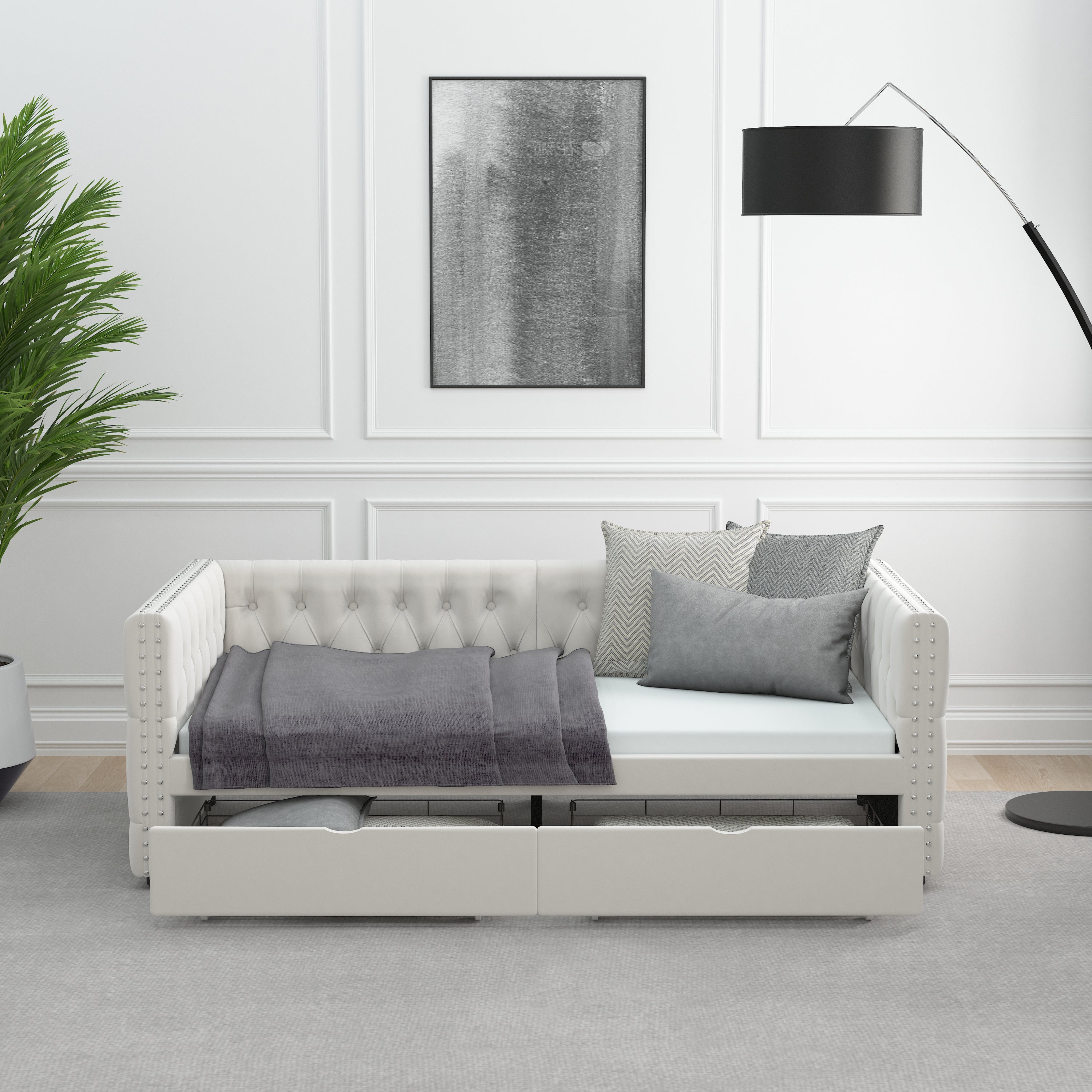 Twin Size Daybed with Drawers Upholstered Tufted Sofa Bed, with Button on Back and Copper Nail on Waved Shape Arms, velvet(79.5"x41.5"x26.5") - Atlantic Fine Furniture Melbourne FL